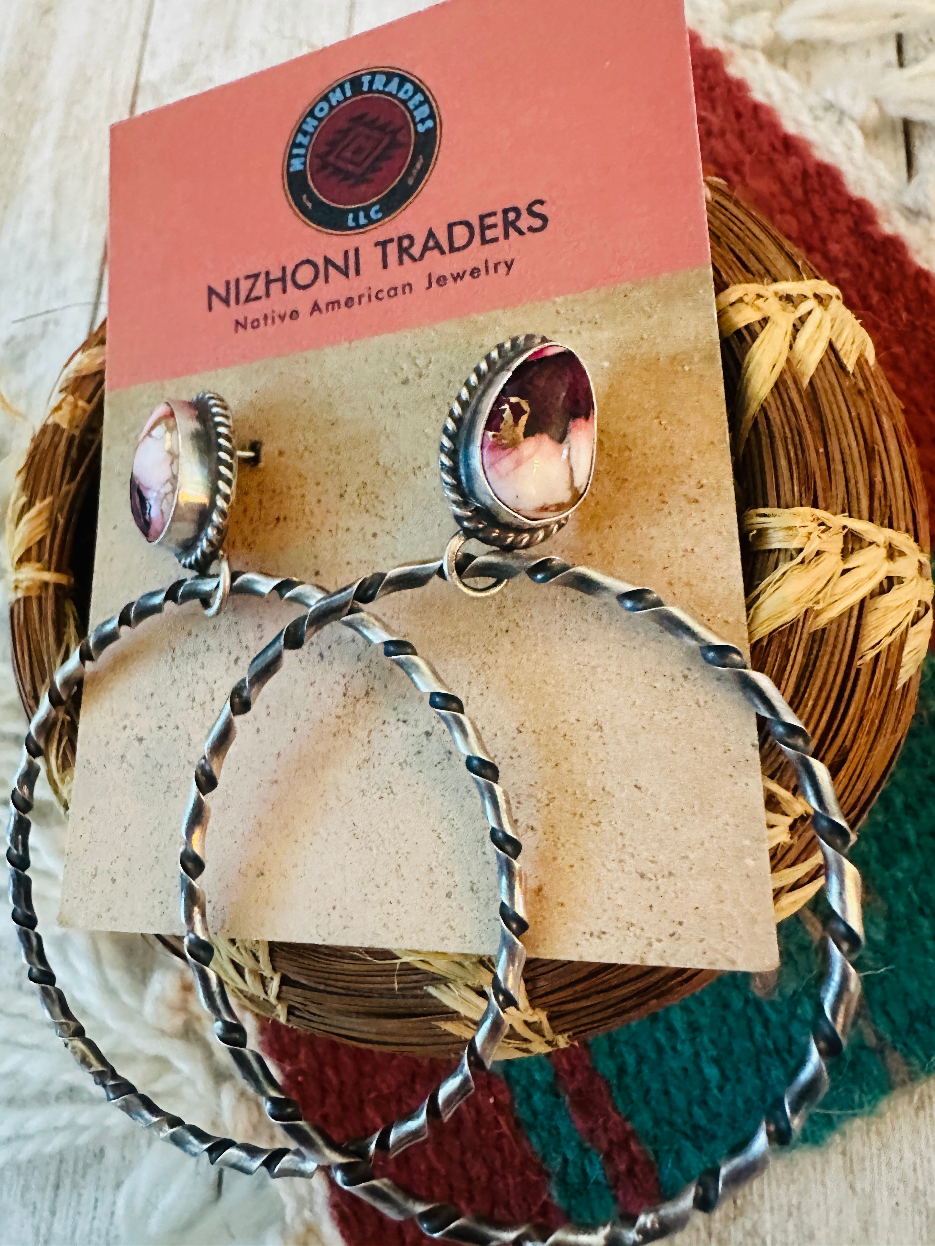 Navajo Rose Dahlia and Sterling Silver Dangle Hoop Earrings