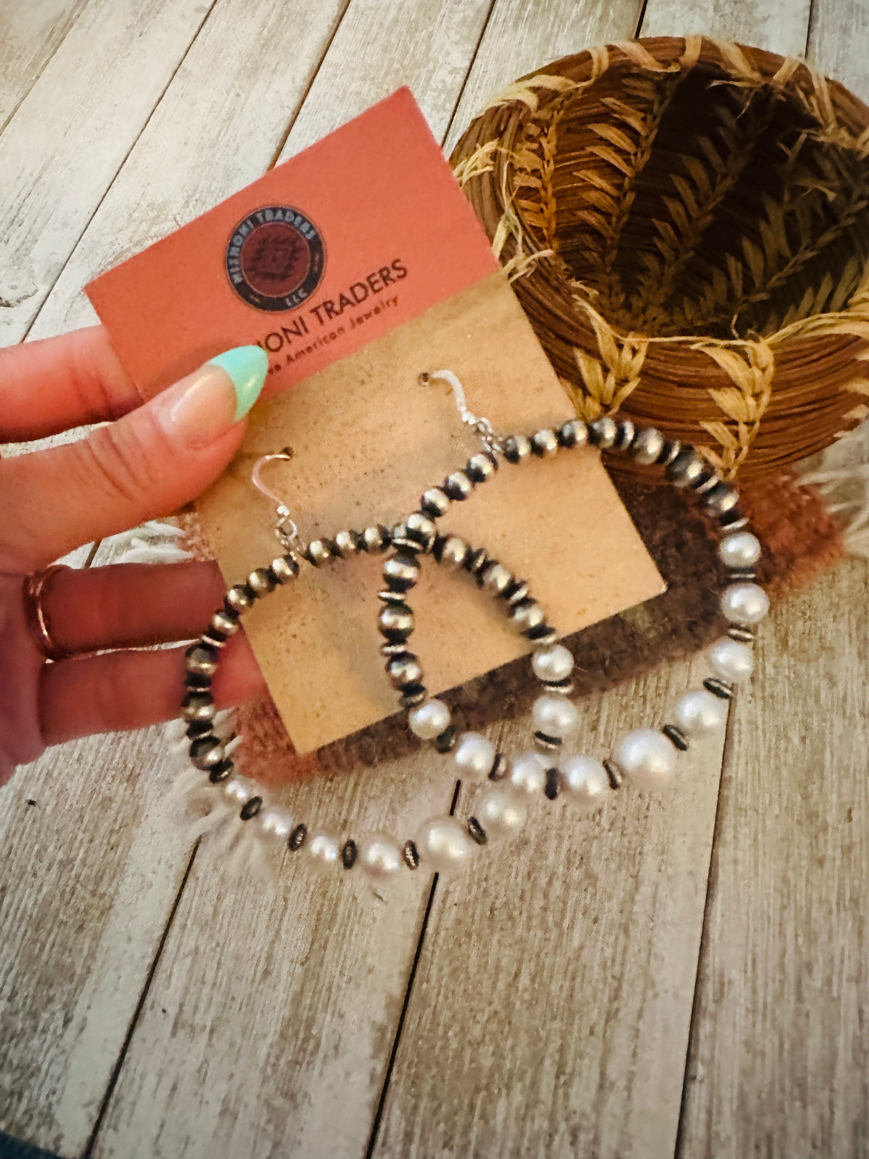 Handcrafted Freshwater Pearl & Sterling Silver Pearl Beaded Dangle Hoop Earrings