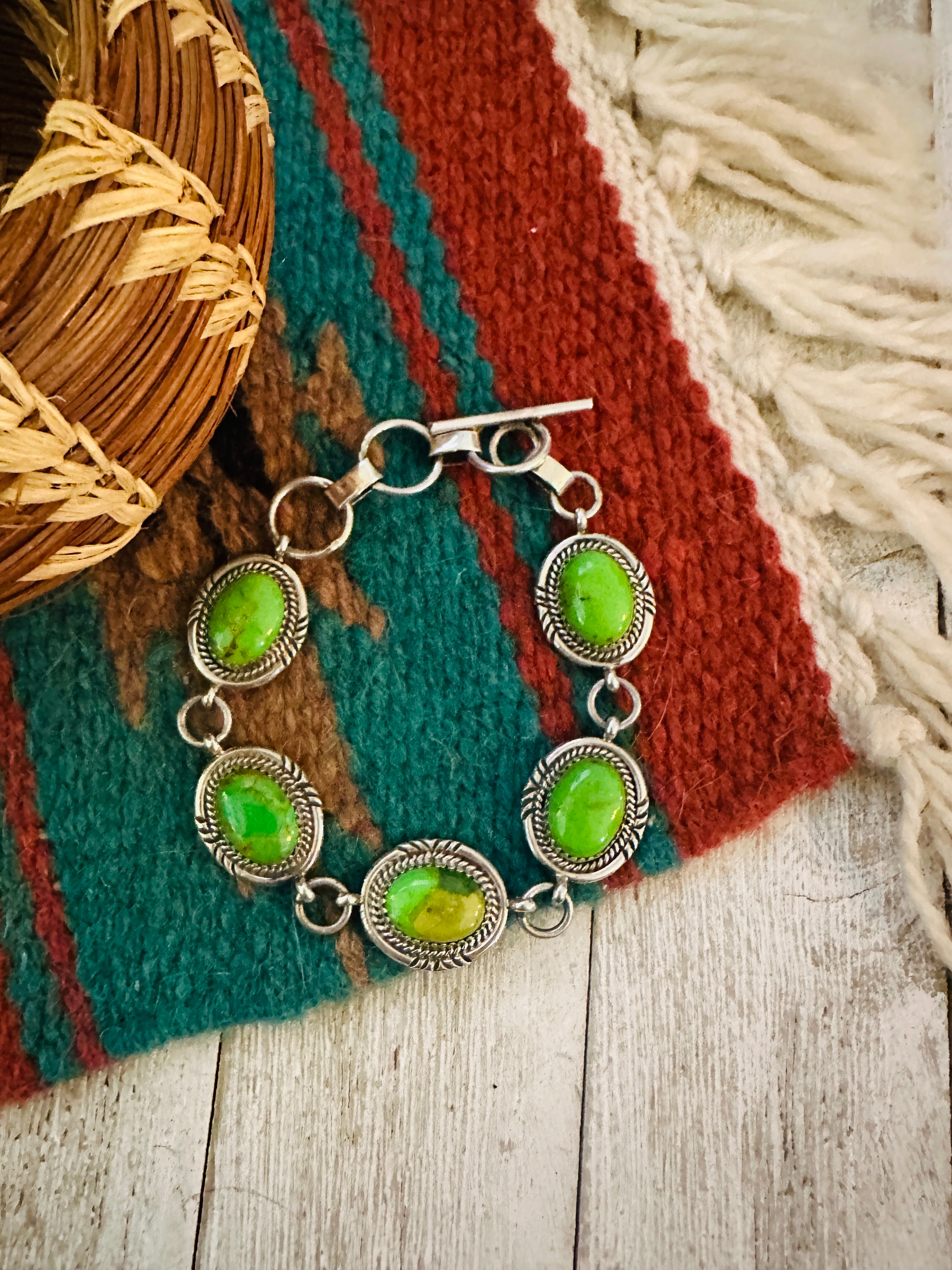 Handcrafted Green Kingman Turquoise & Sterling Silver Link Bracelet