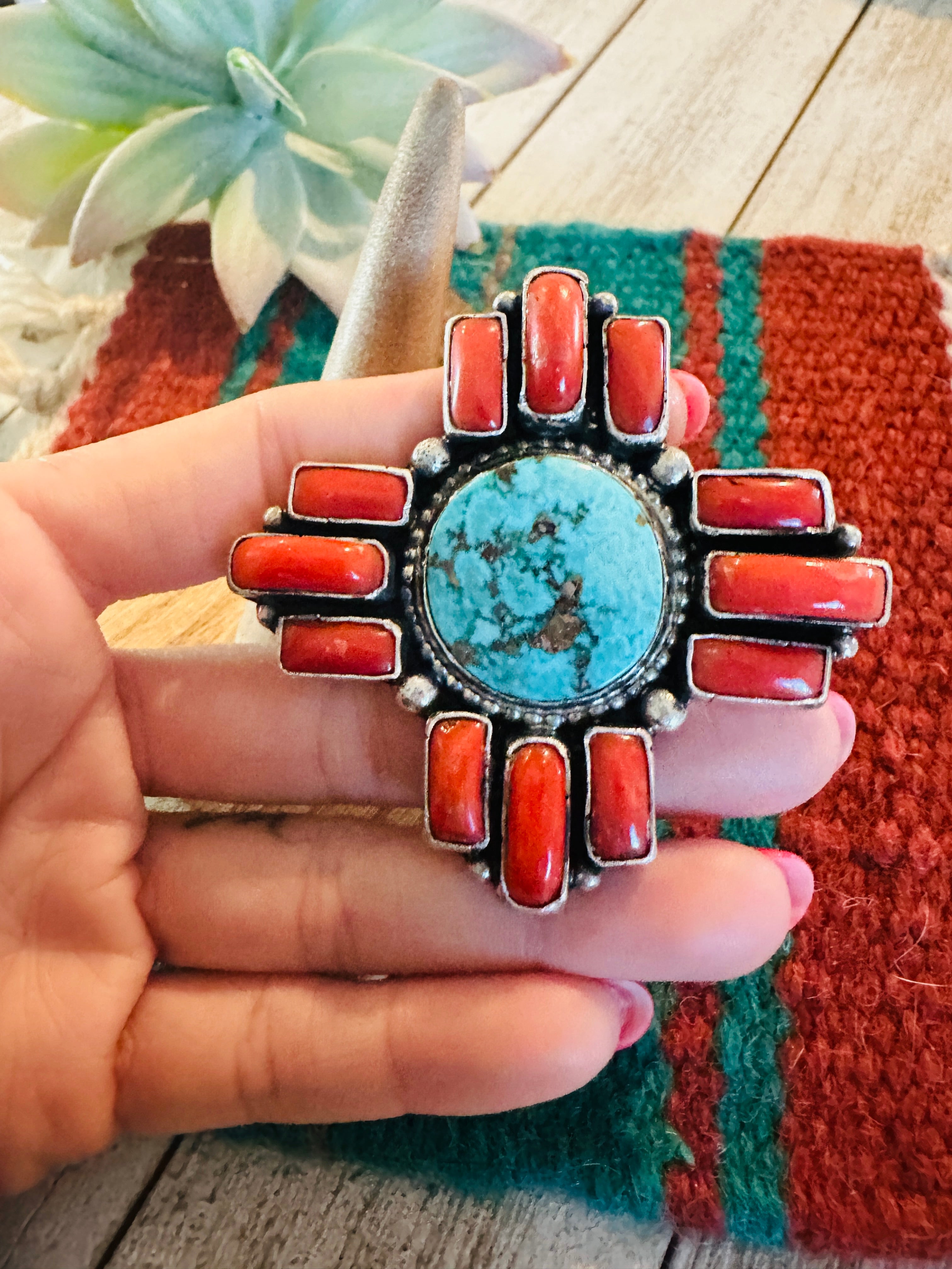 Navajo Kingman Turquoise, Coral & Sterling Silver Ring Size 7