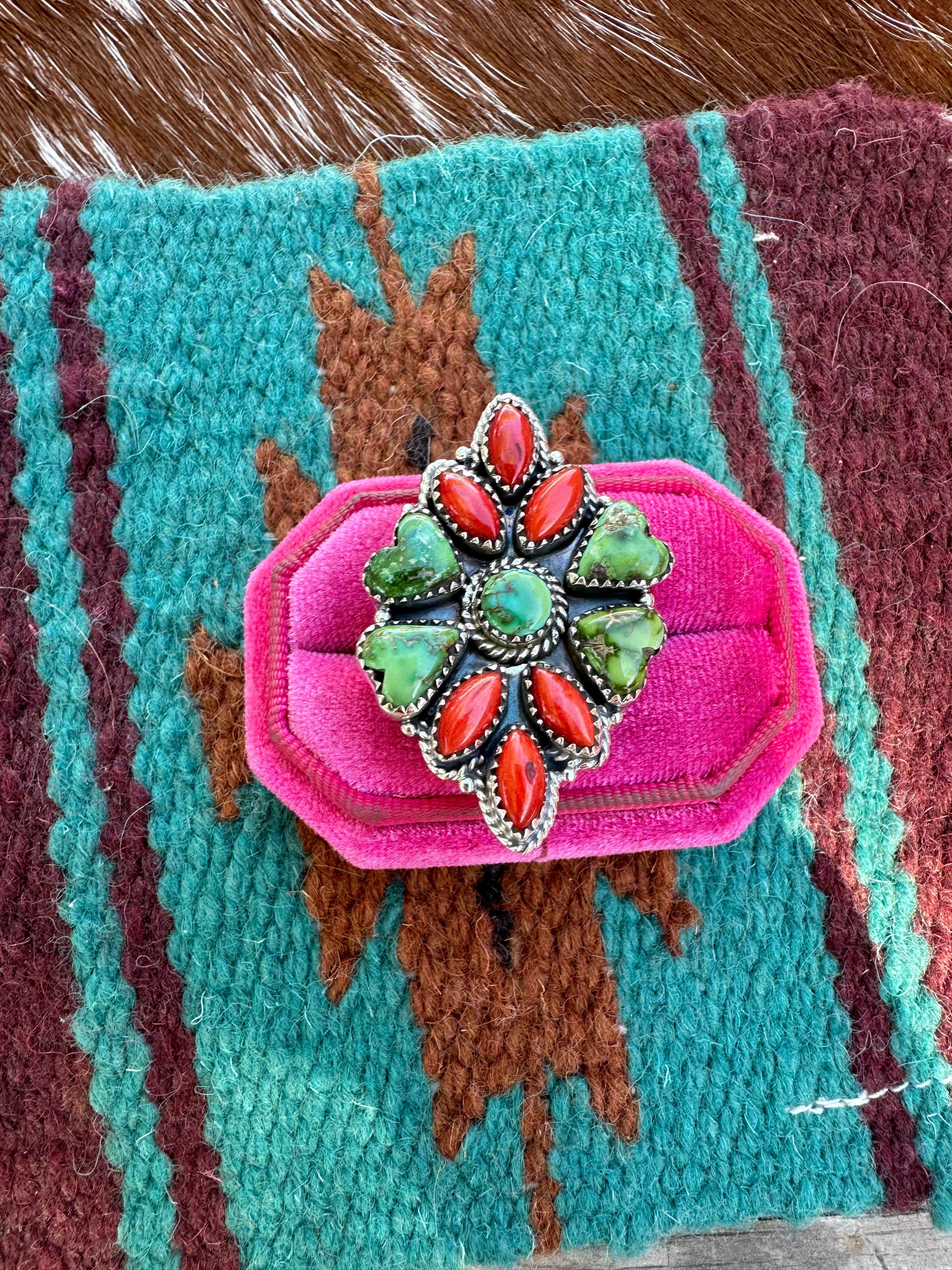 Beautiful Handmade Coral, Sonoran Turquoise And Sterling Silver Adjustable Heart Ring