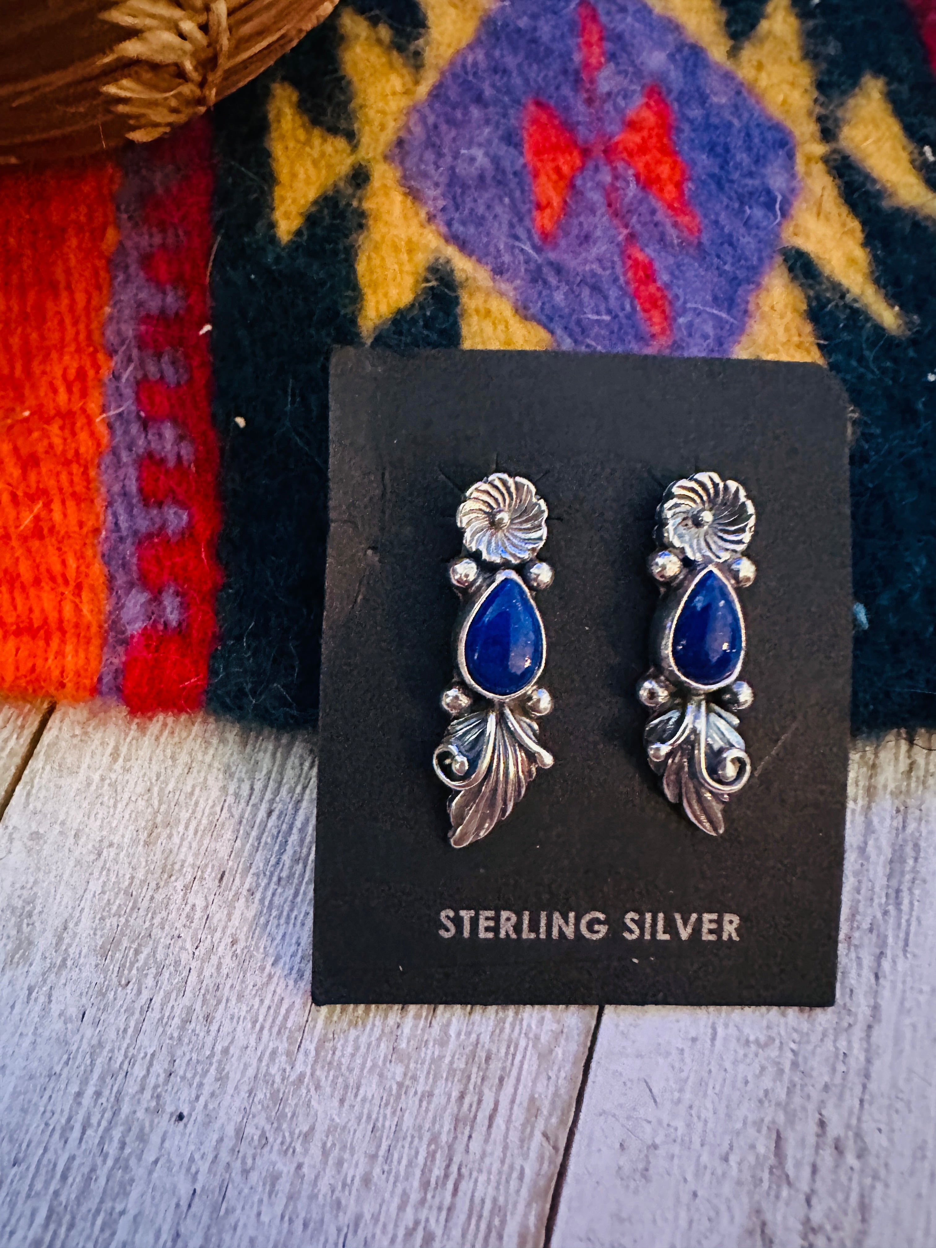 Navajo Lapis and Sterling Silver Flower Dangle Earrings