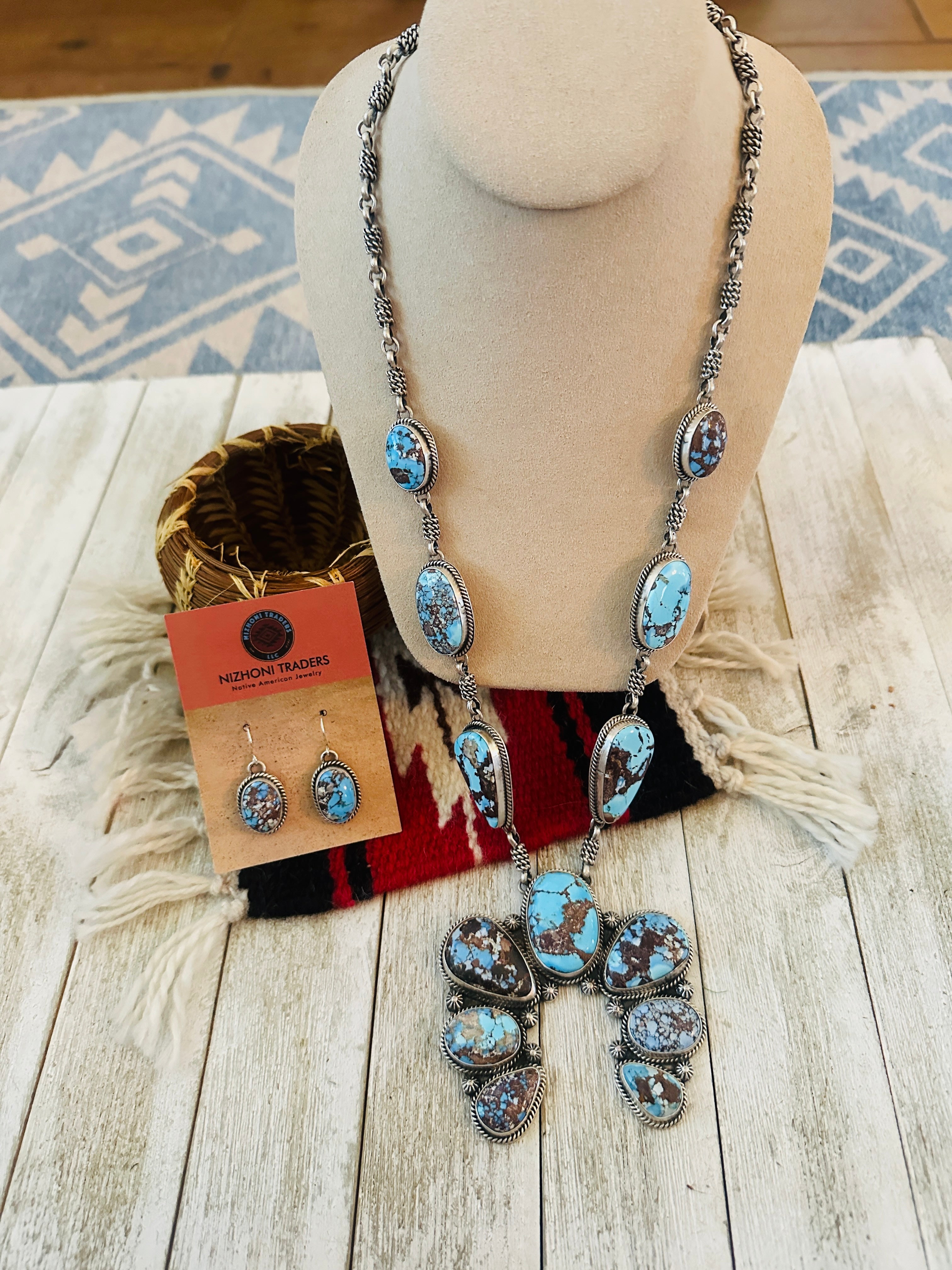 Handcrafted Golden Hills Turquoise & Sterling Silver Squash Blossom Necklace Set by Patrick Yazzie