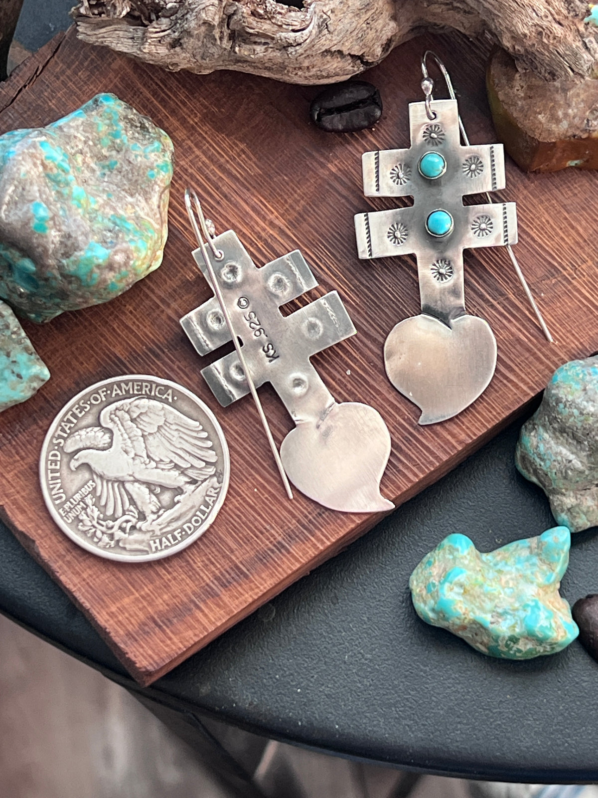 Hand Stamped Sterling Silver Dragonfly Cross Heart Dangle Earrings with Kingman Turquoise by Kimari Somers, Squared Bars
