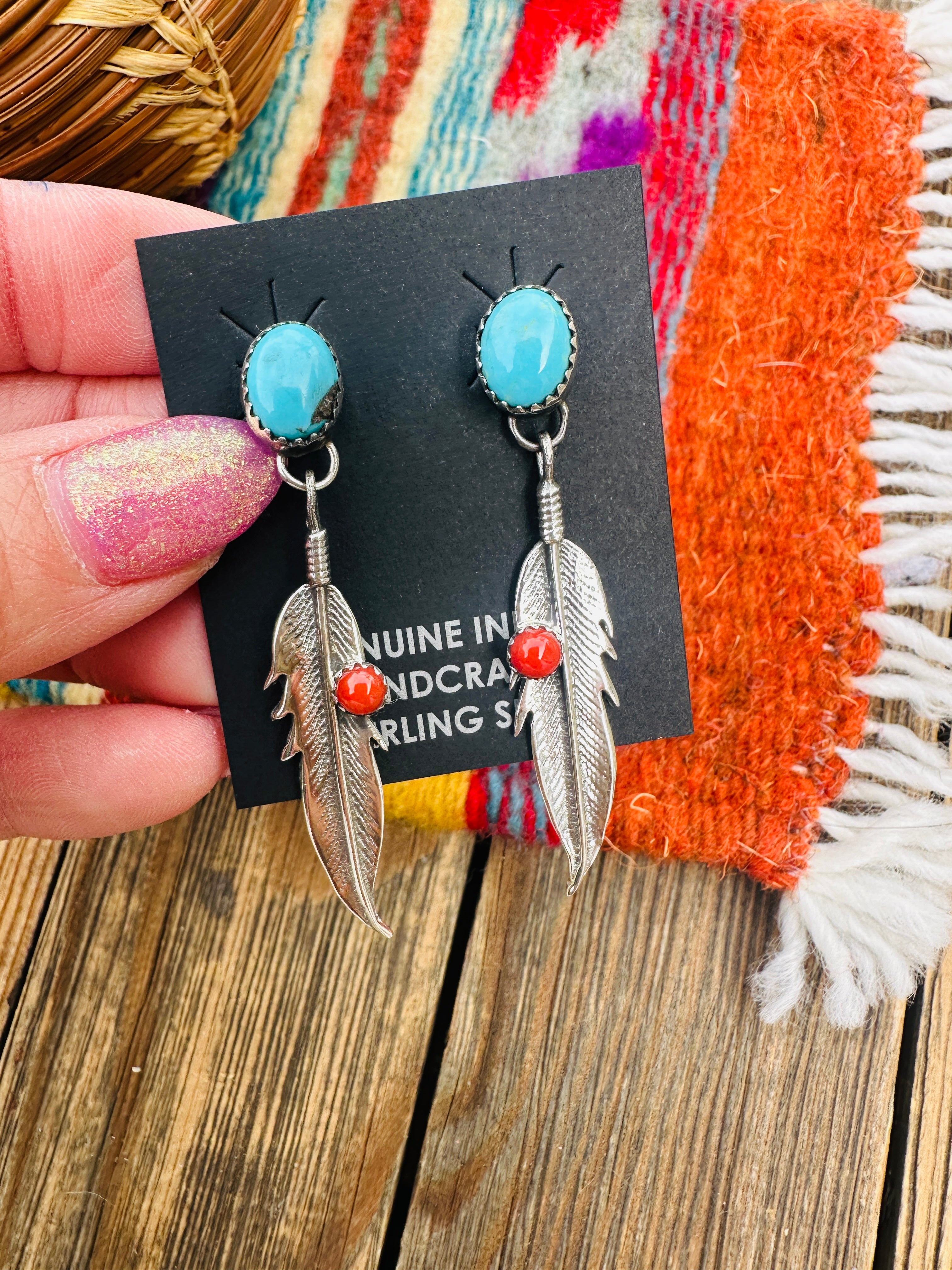 Handcrafted Turquoise, Coral & Sterling Silver Feather Dangle Earrings