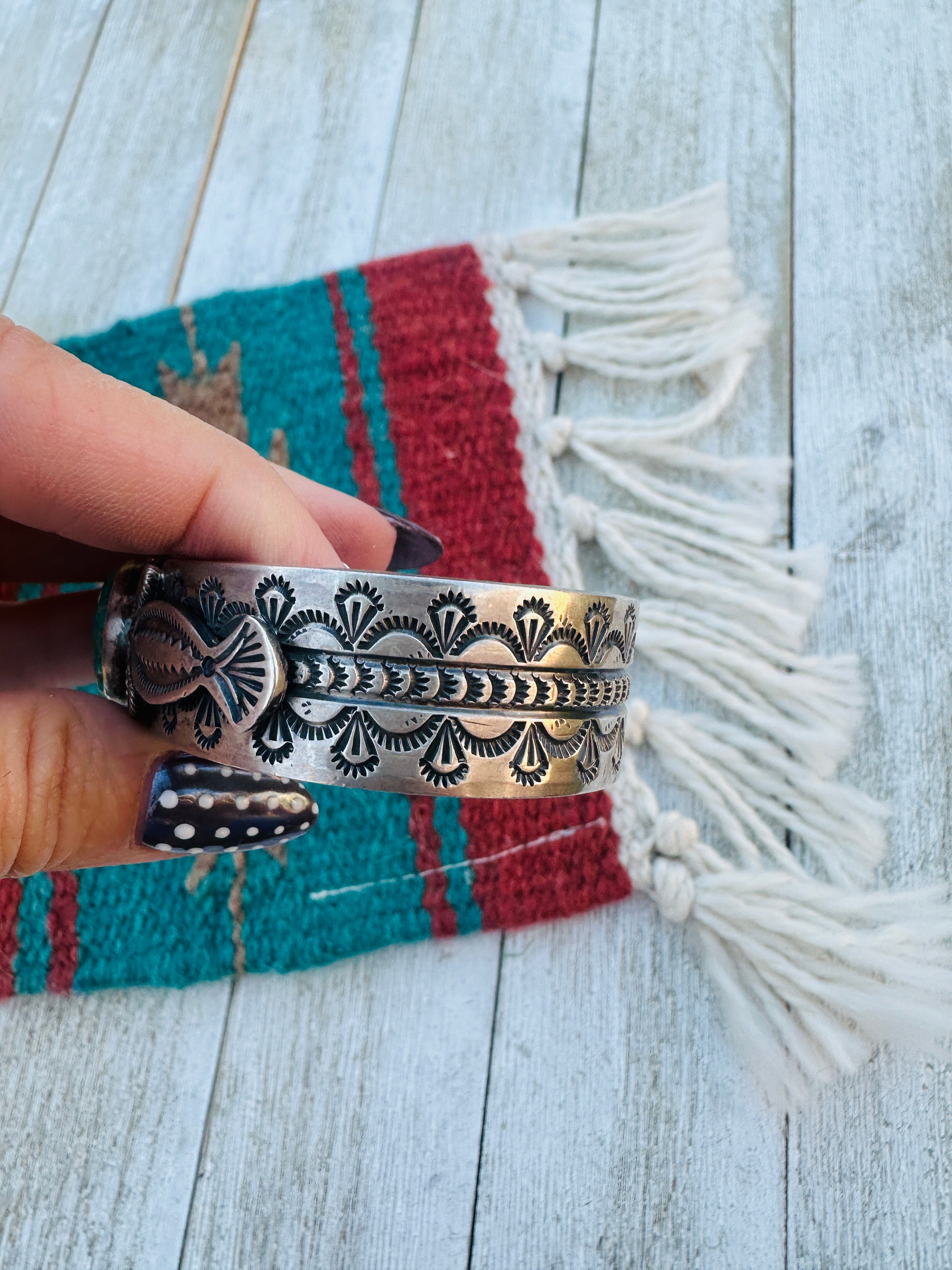 Handcrafted Old Pawn Sterling Silver & Turquoise Cuff Bracelet by M&R Calladitto