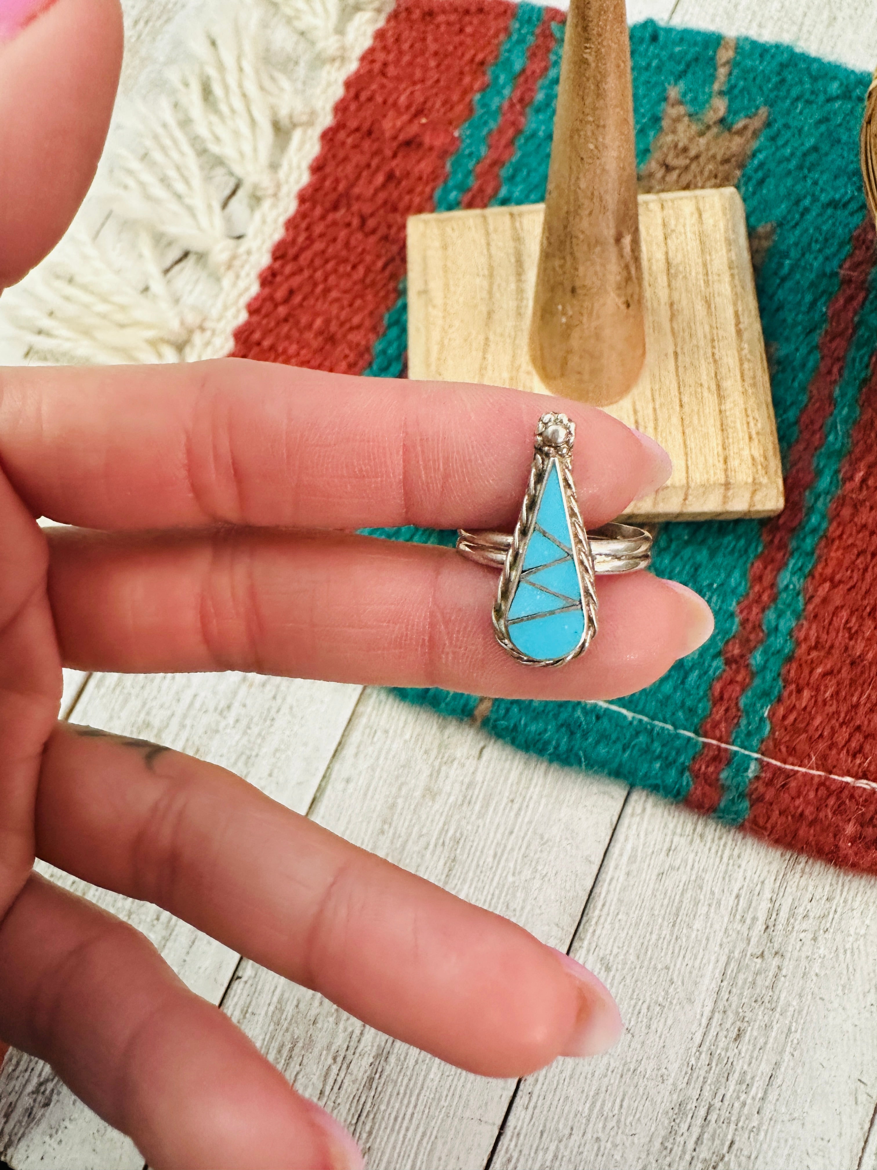 Zuni Sterling Silver & Multi Stone Inlay Teardrop Ring