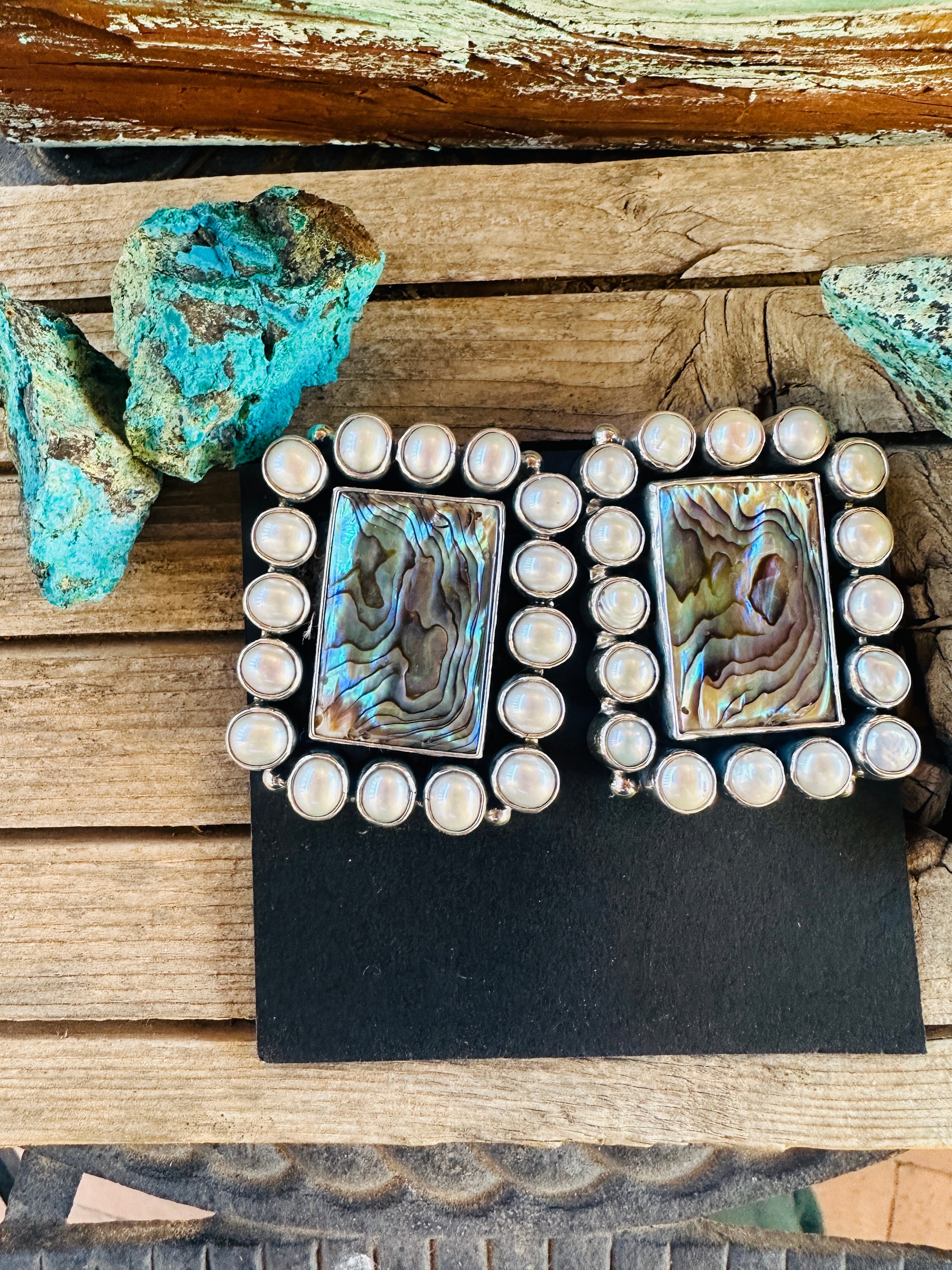 Handcrafted Abalone, Mother of Pearl & Sterling Silver Clip On Earrings by Federico Jimenez
