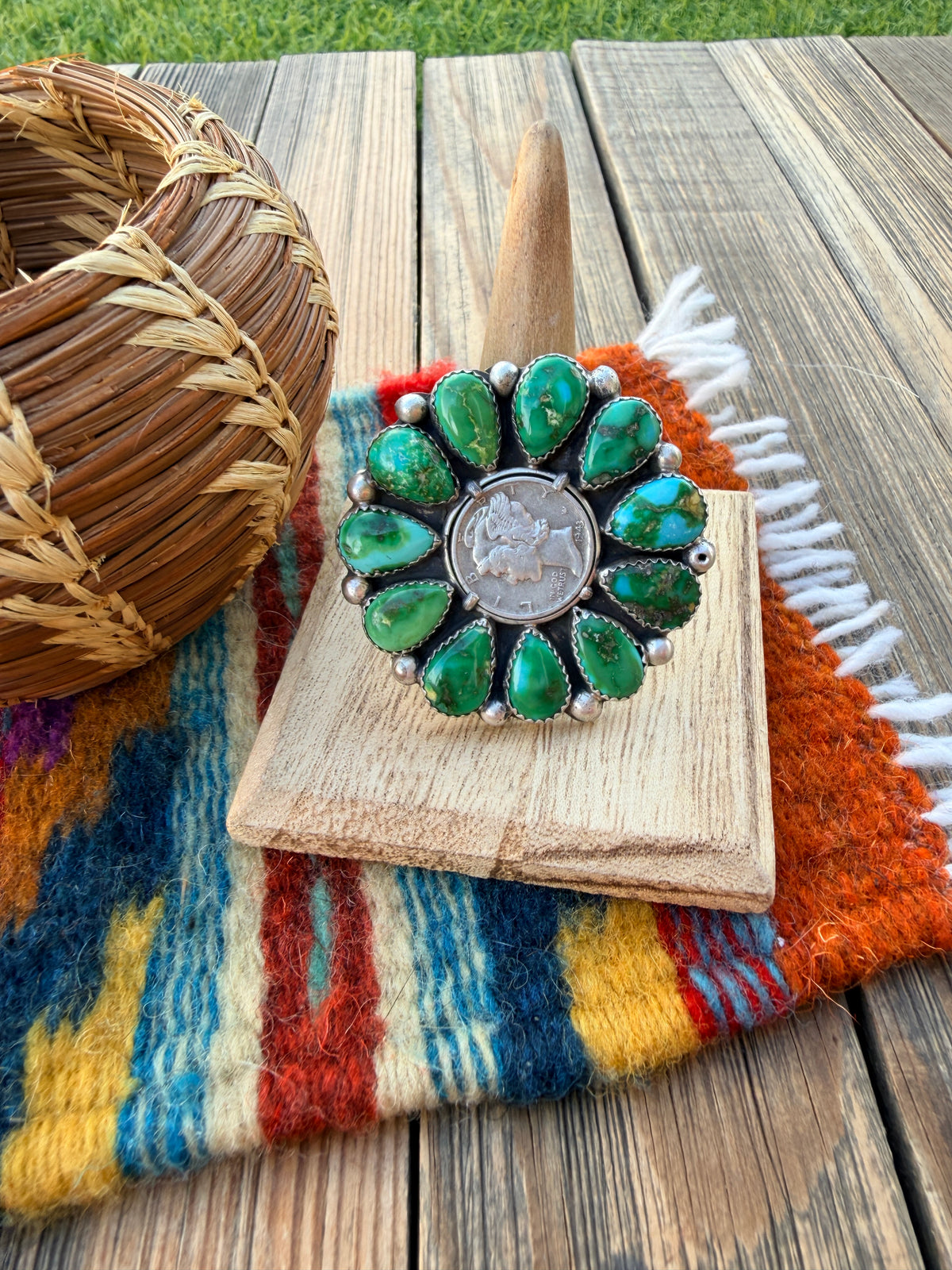 Handcrafted Sonoran Mountain Turquoise & Sterling Silver Liberty Dime Adjustable Ring by Michael Thomas Jr