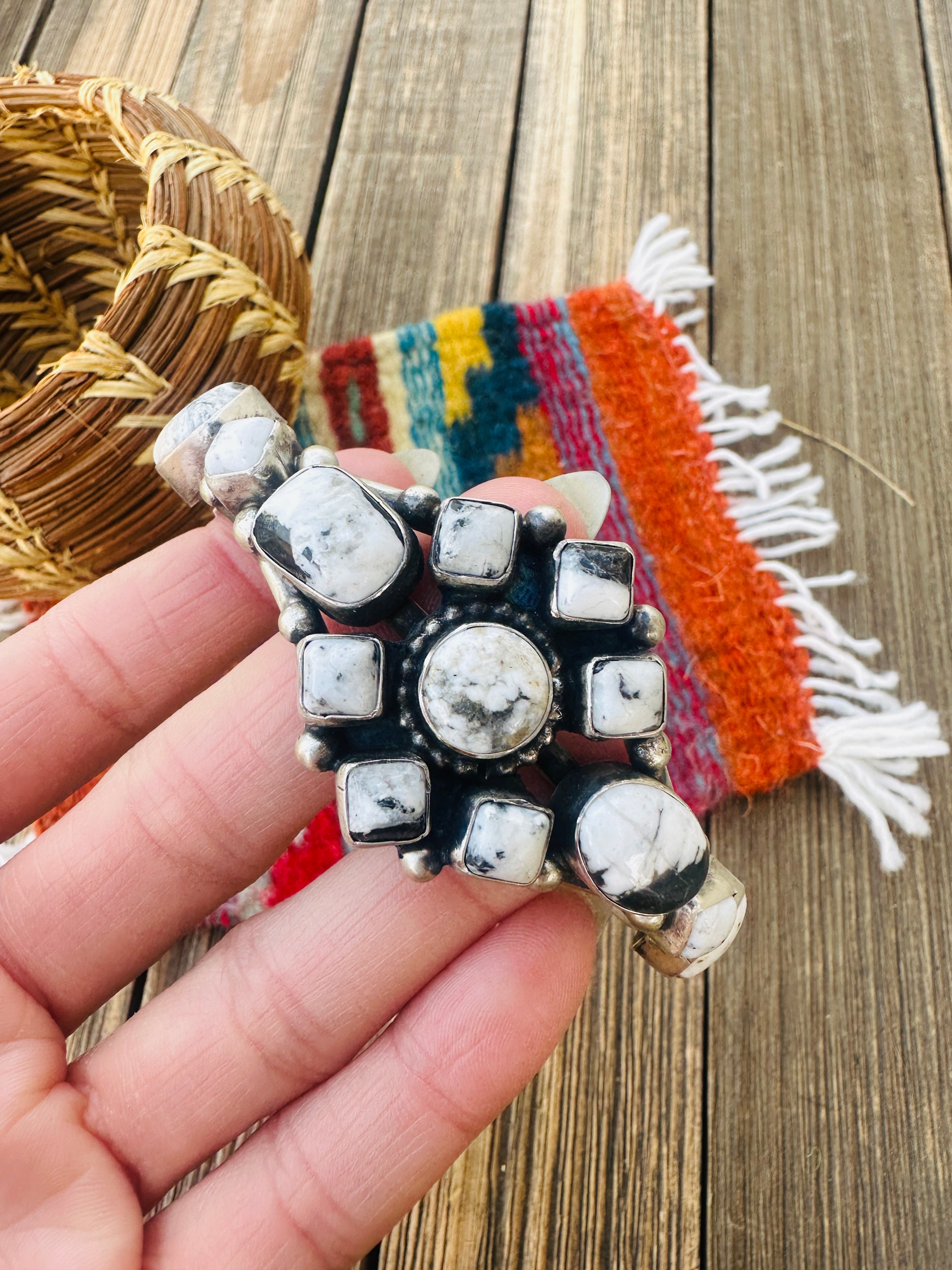 Handcrafted Sterling Silver & White Buffalo Cluster Cuff Bracelet by Bobby Johnson