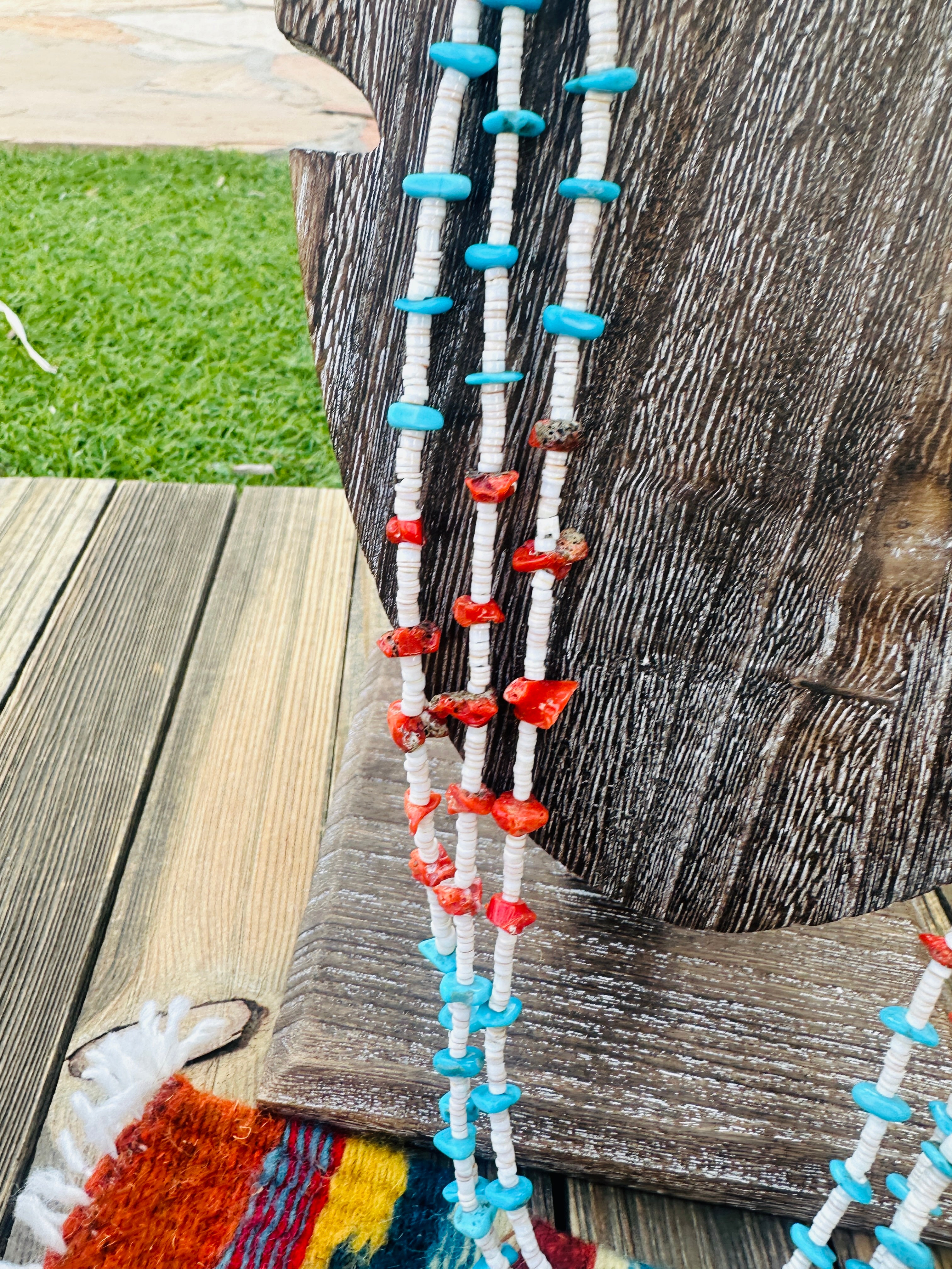 Old Pawn Handcrafted Turquoise, Coral & Heishi  Beaded 36” Necklace