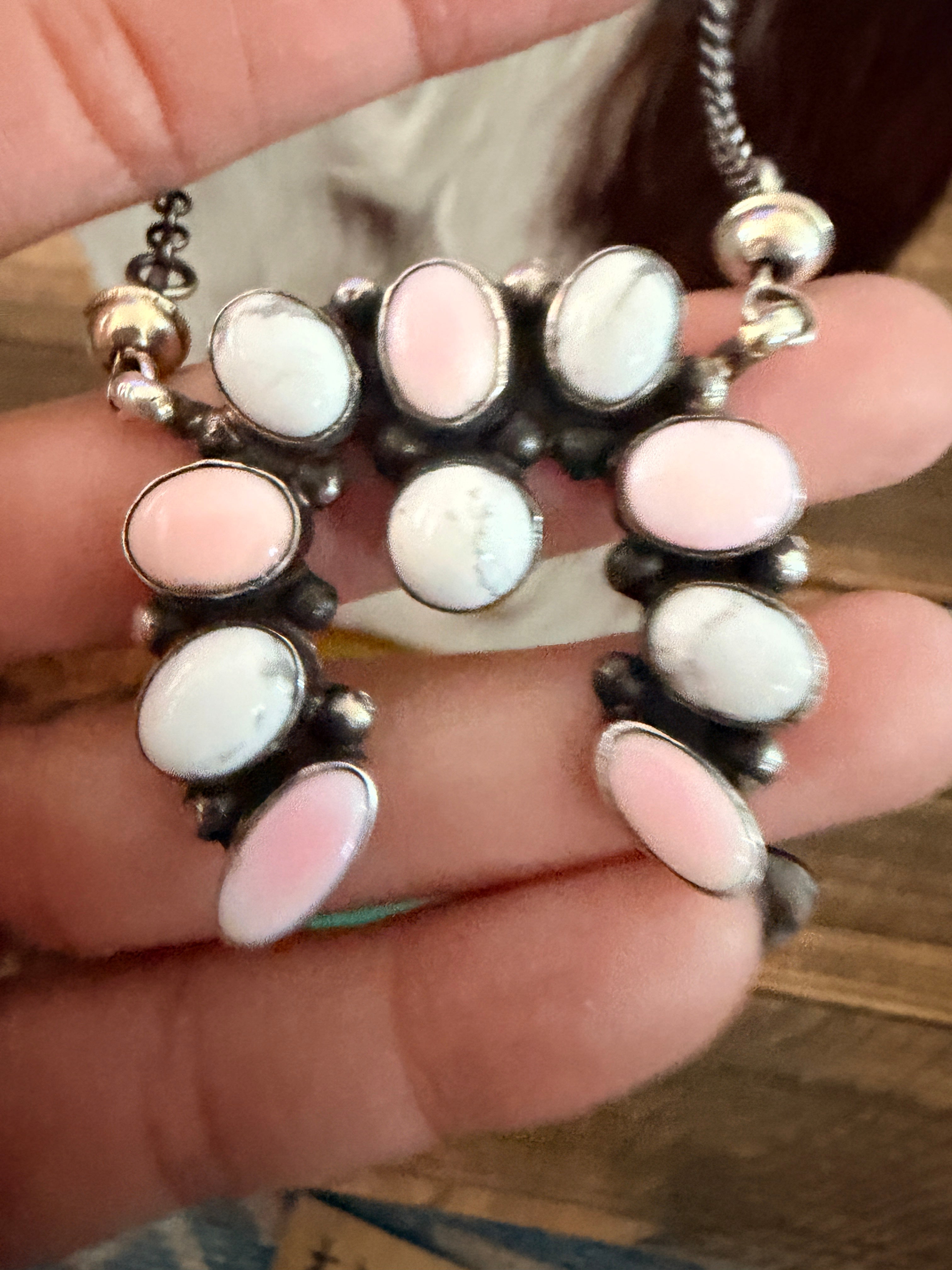 Handcrafted Queen Pink Conch, White Buffalo & Sterling Silver Naja Necklace by Jacqueline Silver
