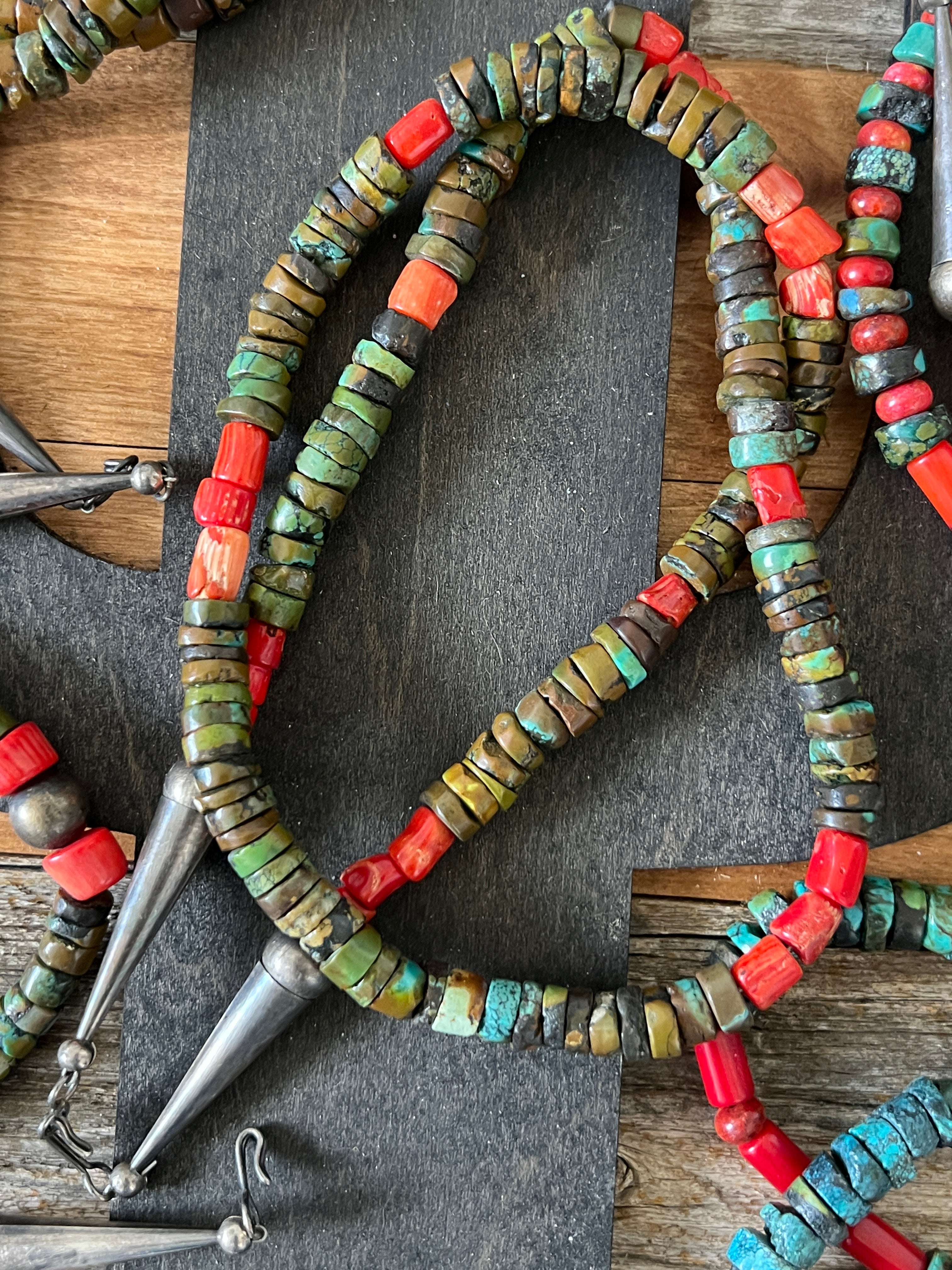 Handcrafted Hubei Turquoise Beaded Necklace with Sterling Silver and Bamboo Coral by Kirby Smith: 13 To Choose From!