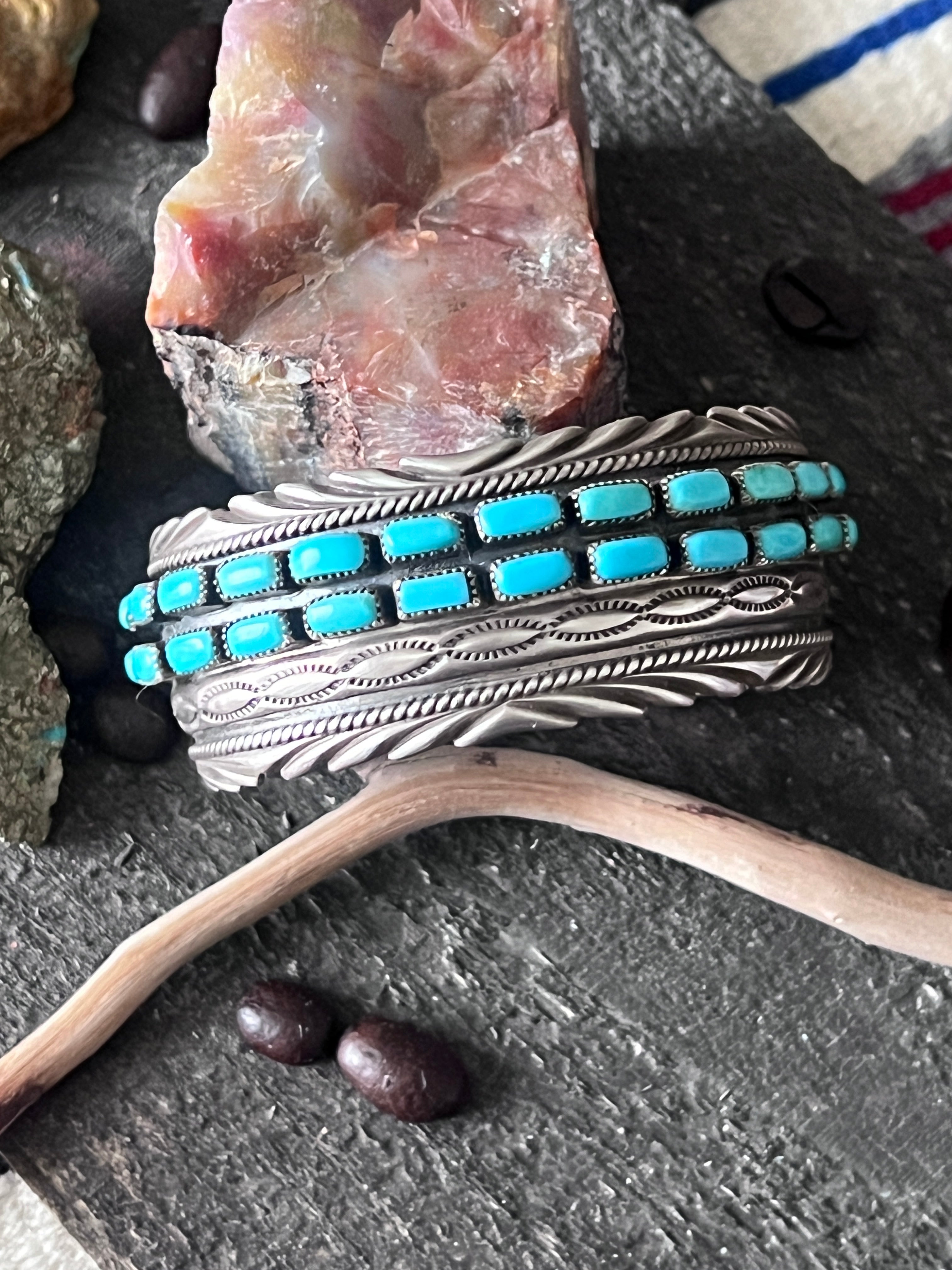Vintage Sterling Silver and Kingman Turquoise Row Cuff by James Martin