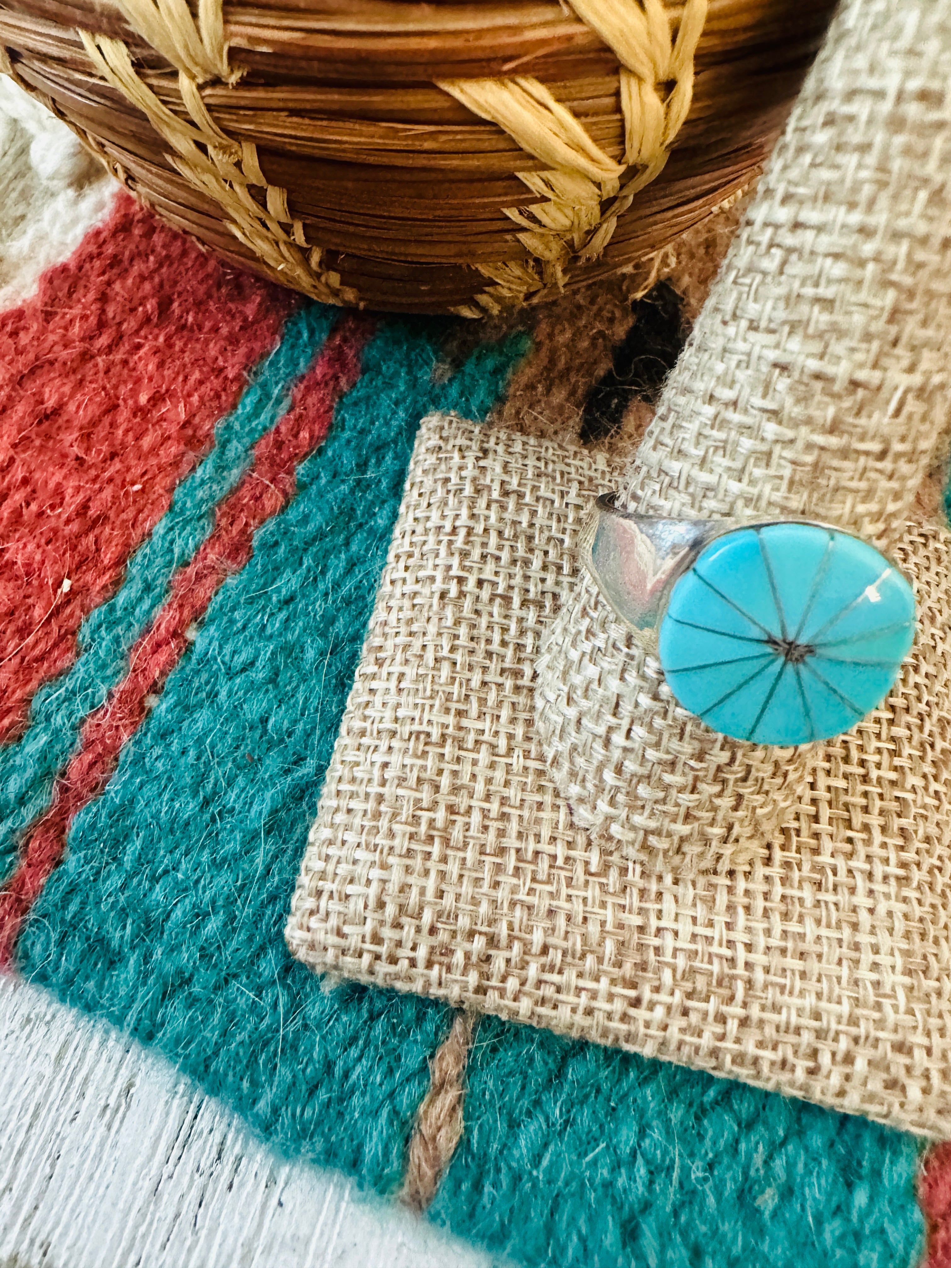 Handcrafted Silver & Turquoise Inlay Flower Ring Size 10.5