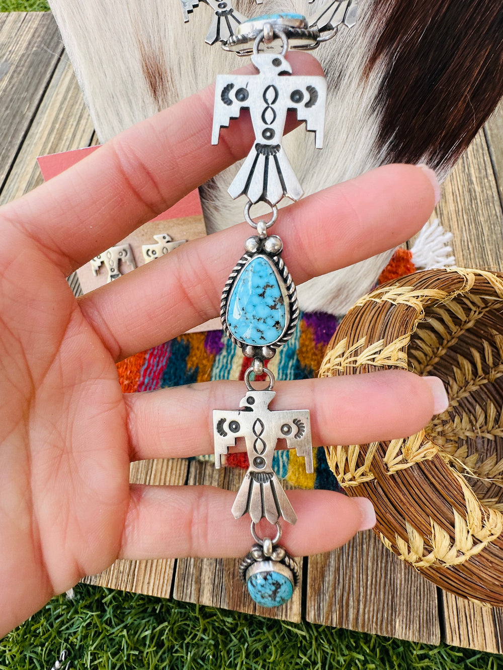 Handcrafted Turquoise & Sterling Silver Thunderbird Necklace and Earring Set by Fred Francis