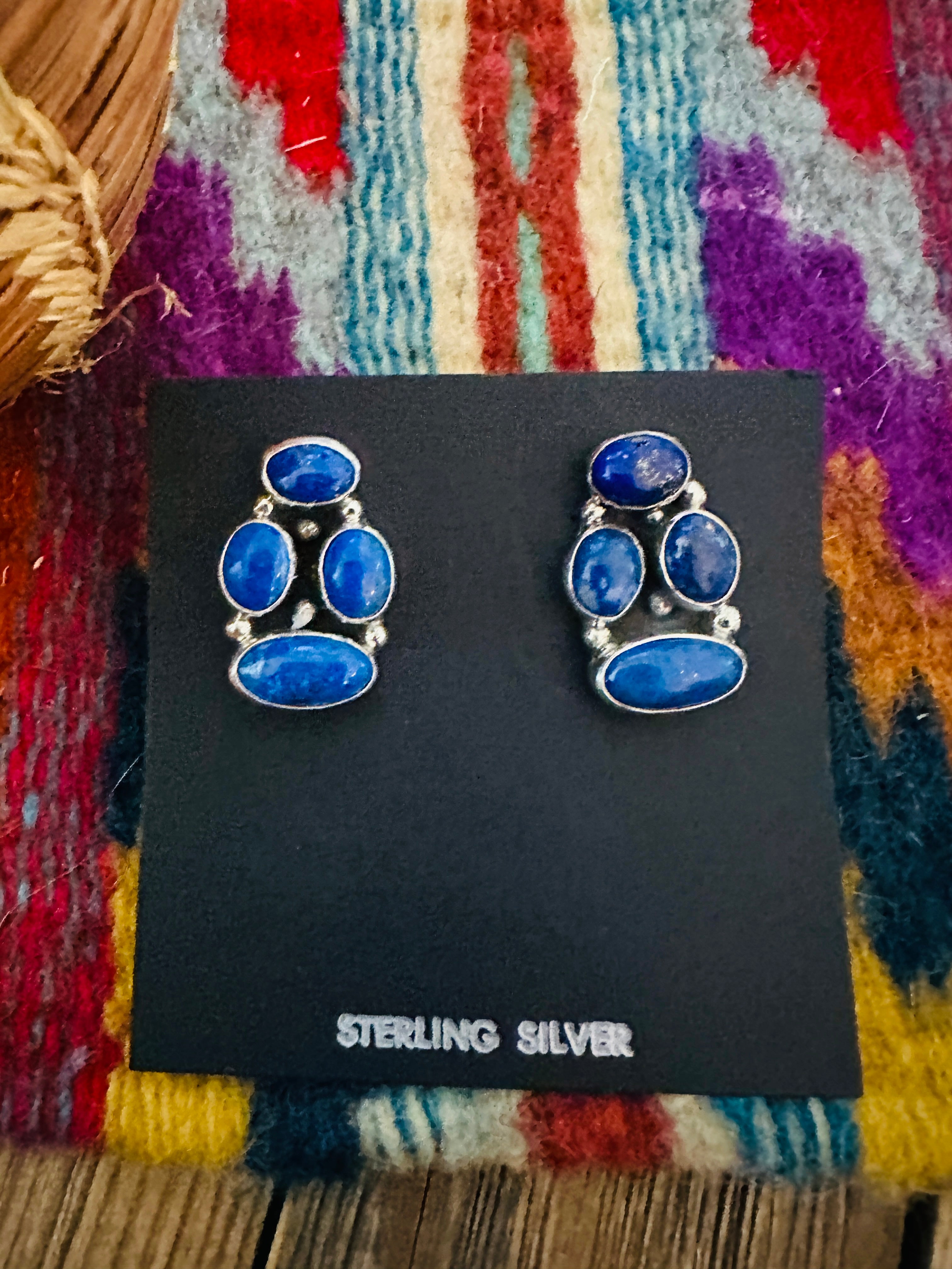 Handcrafted Lapis & Sterling Silver Cluster Post Earrings