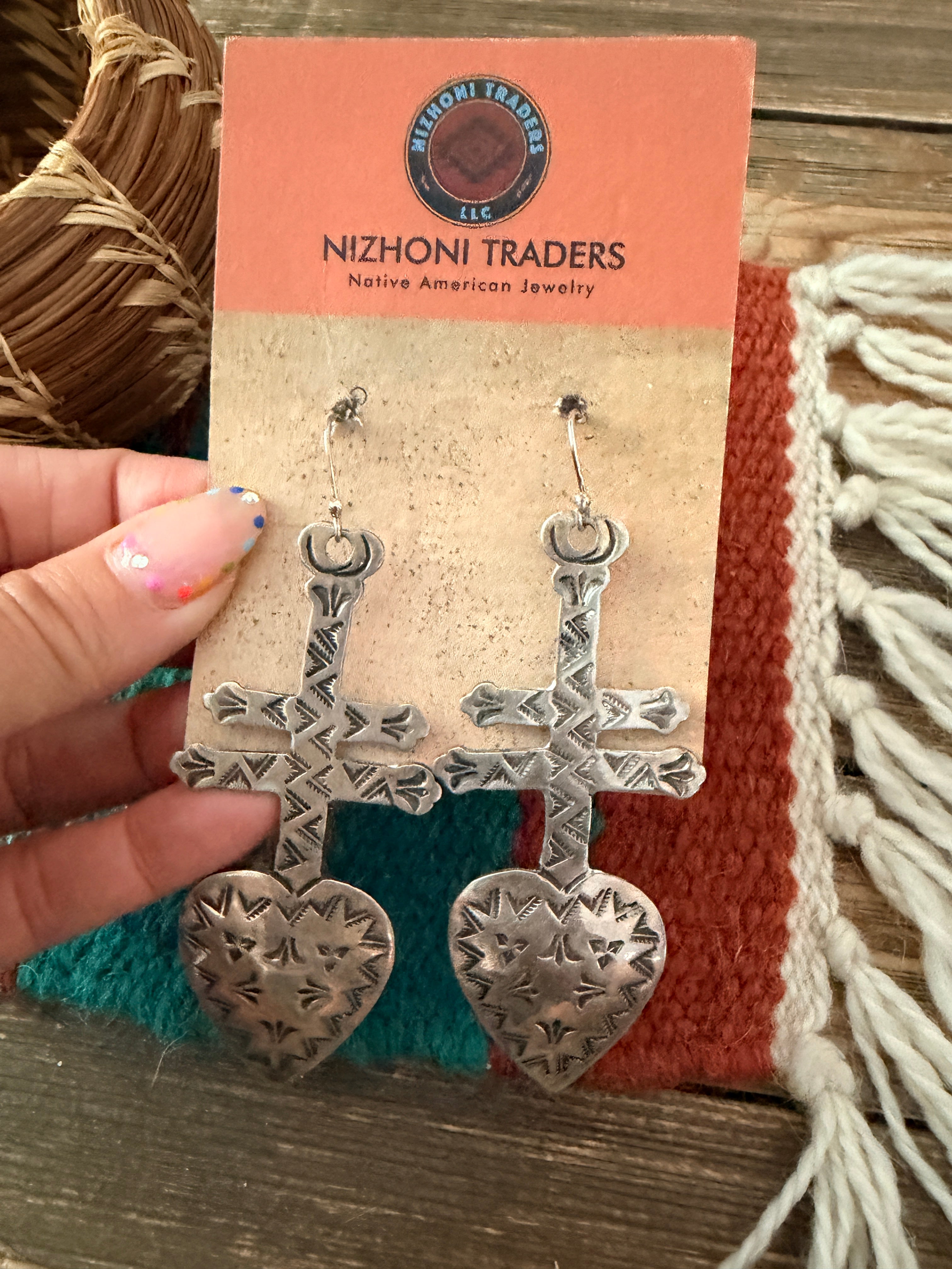 Old Pawn Handcrafted Sterling Silver Heart Cross Dangle Earrings