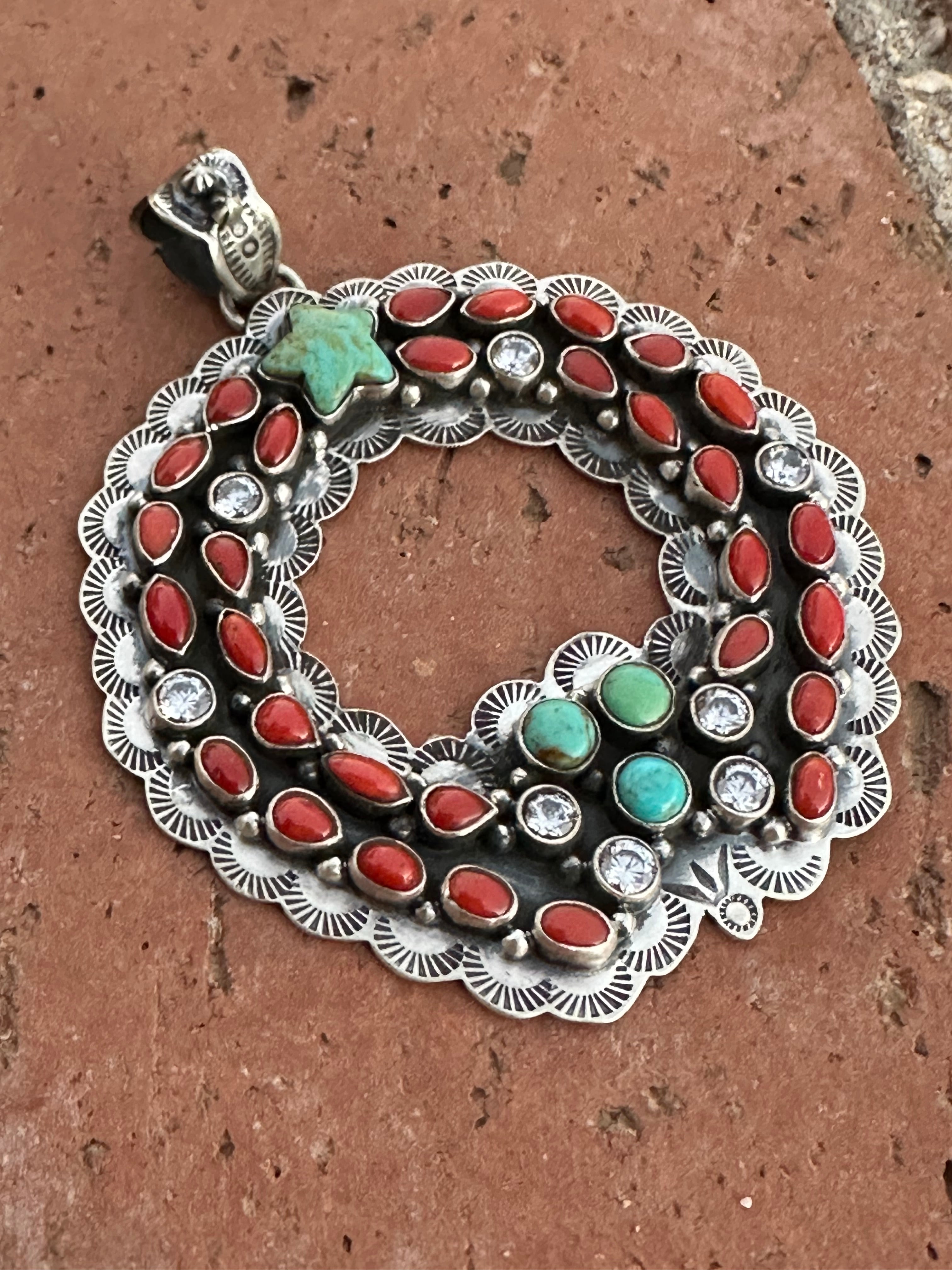 Handmade Sterling Silver, Coral & Kingman Turquoise Christmas Wreath Pendant