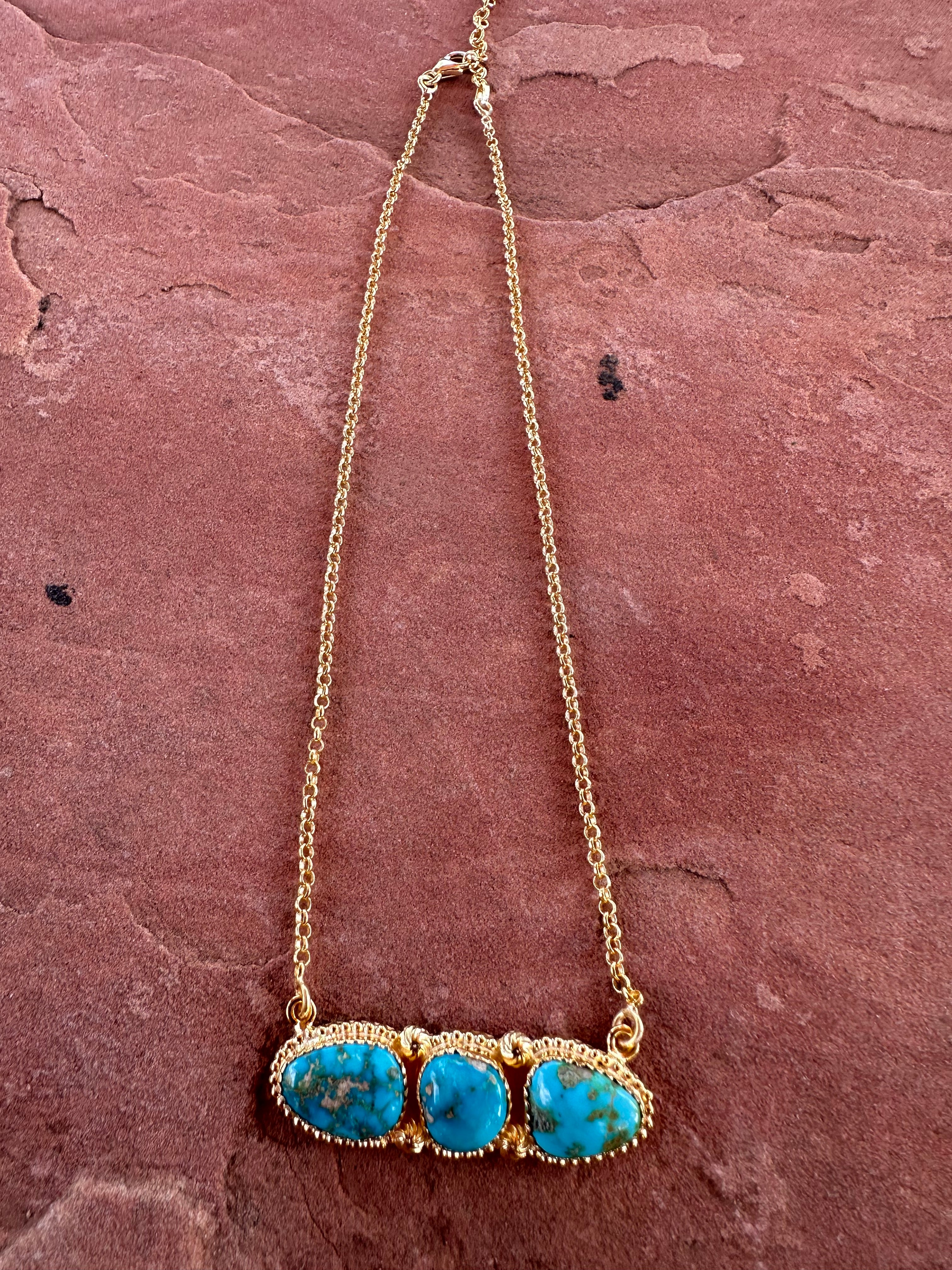 “The Golden Collection” Handmade Turquoise 14k Gold Plated Sterling Silver 3 Stone Bar Necklace