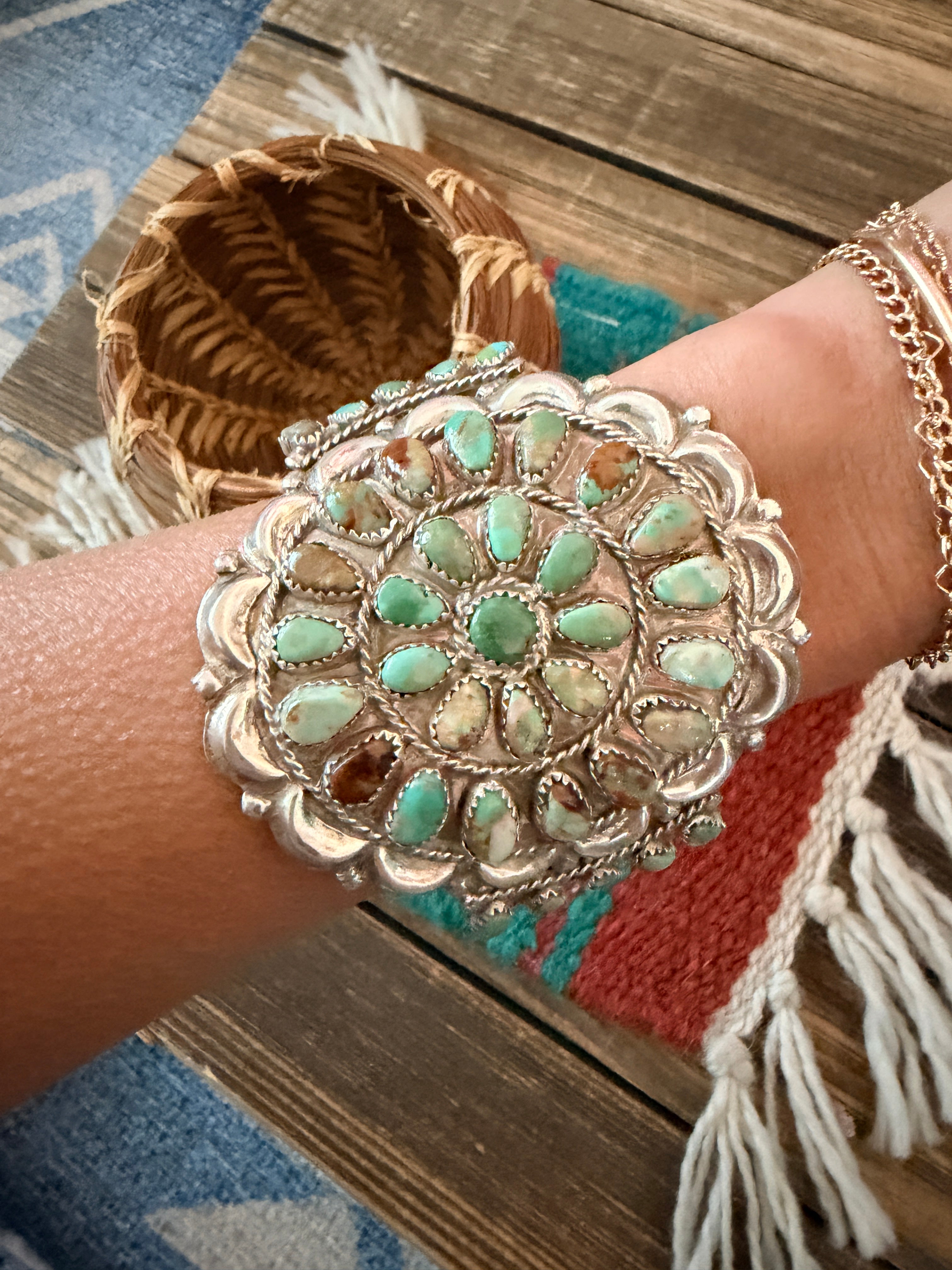Handcrafted Turquoise & Sterling Silver Cluster Cuff Bracelet By Danny L. Wauneka