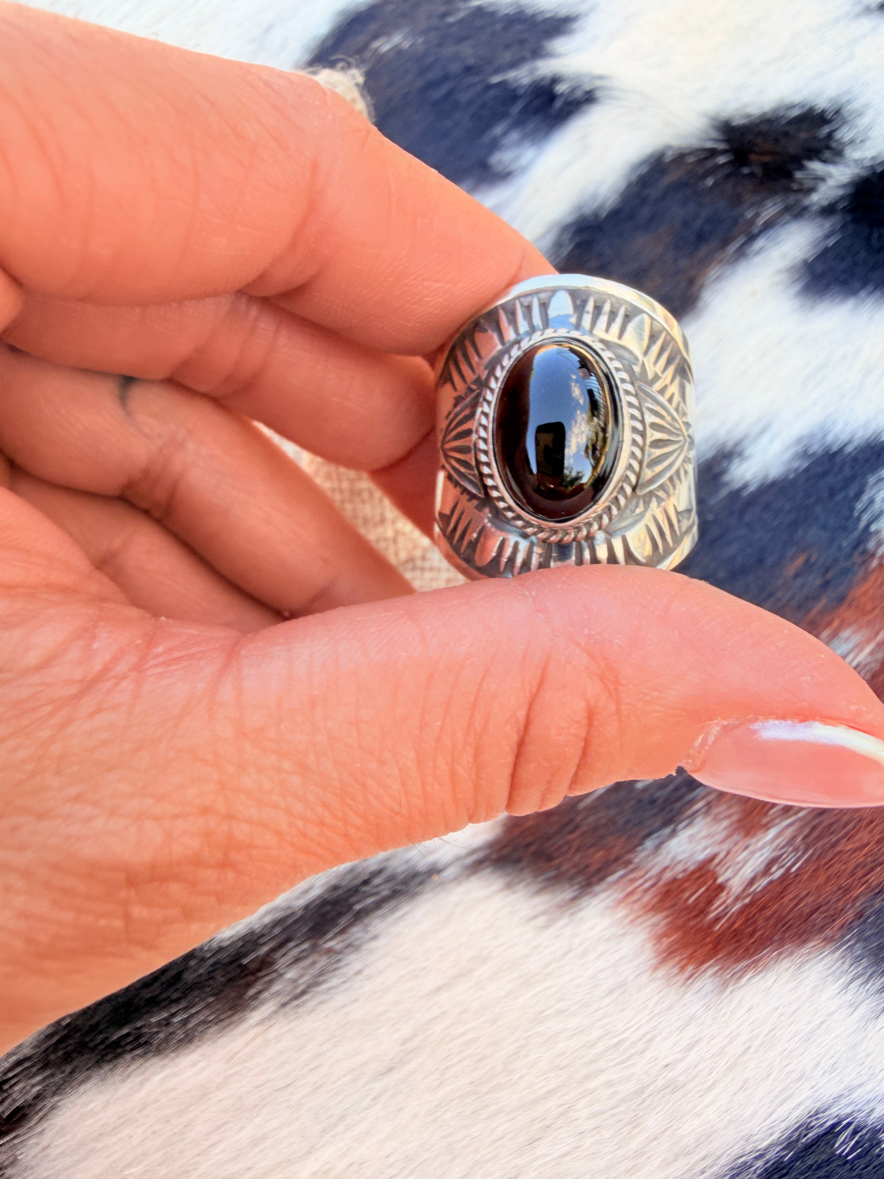 Handcrafted Black Onyx & Sterling Silver Ring Size 12 by Derrick Gordon