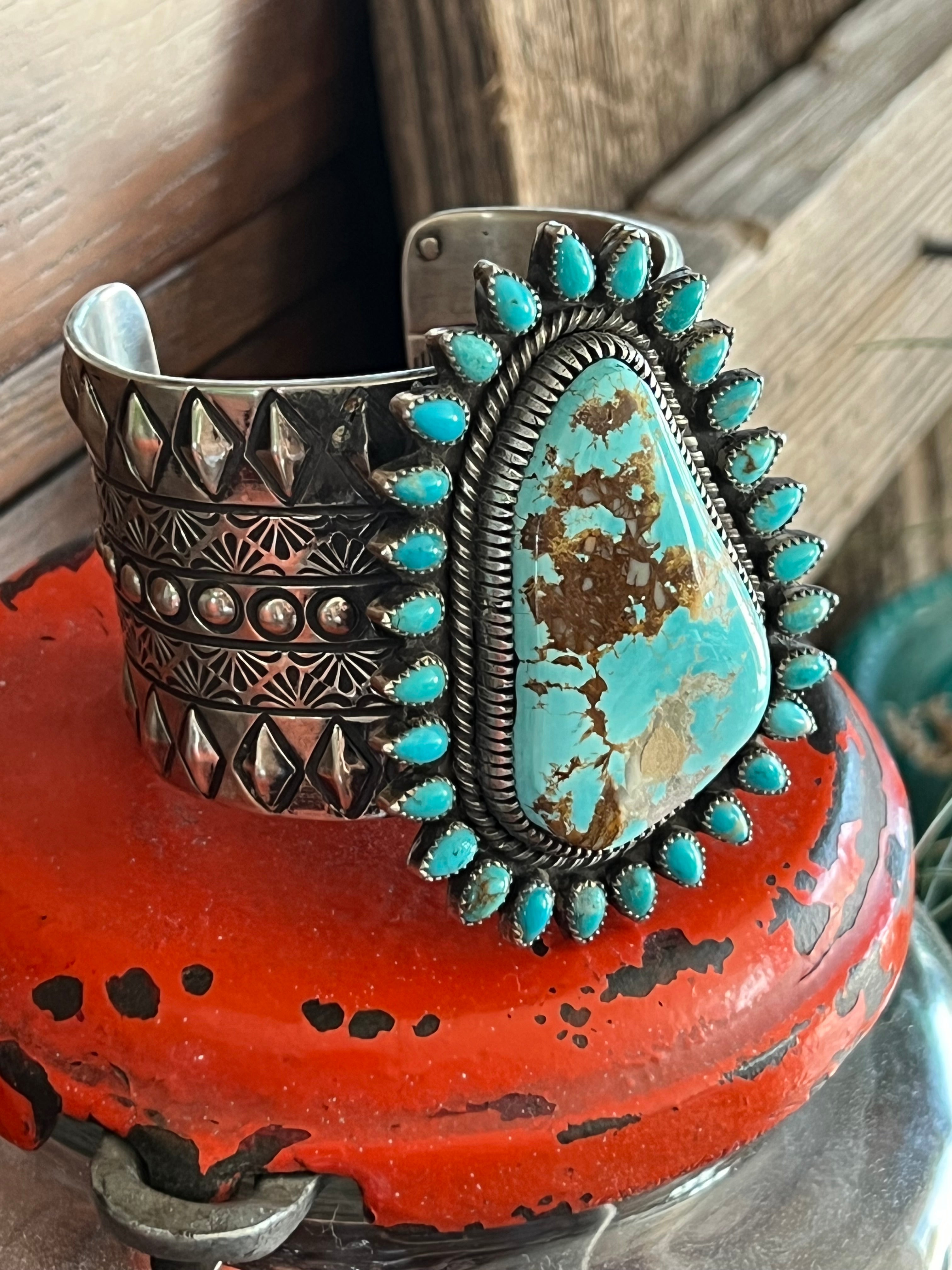 Sterling Silver & Royston Turquoise Cluster Cuff Bracelet by Glenn Livingston