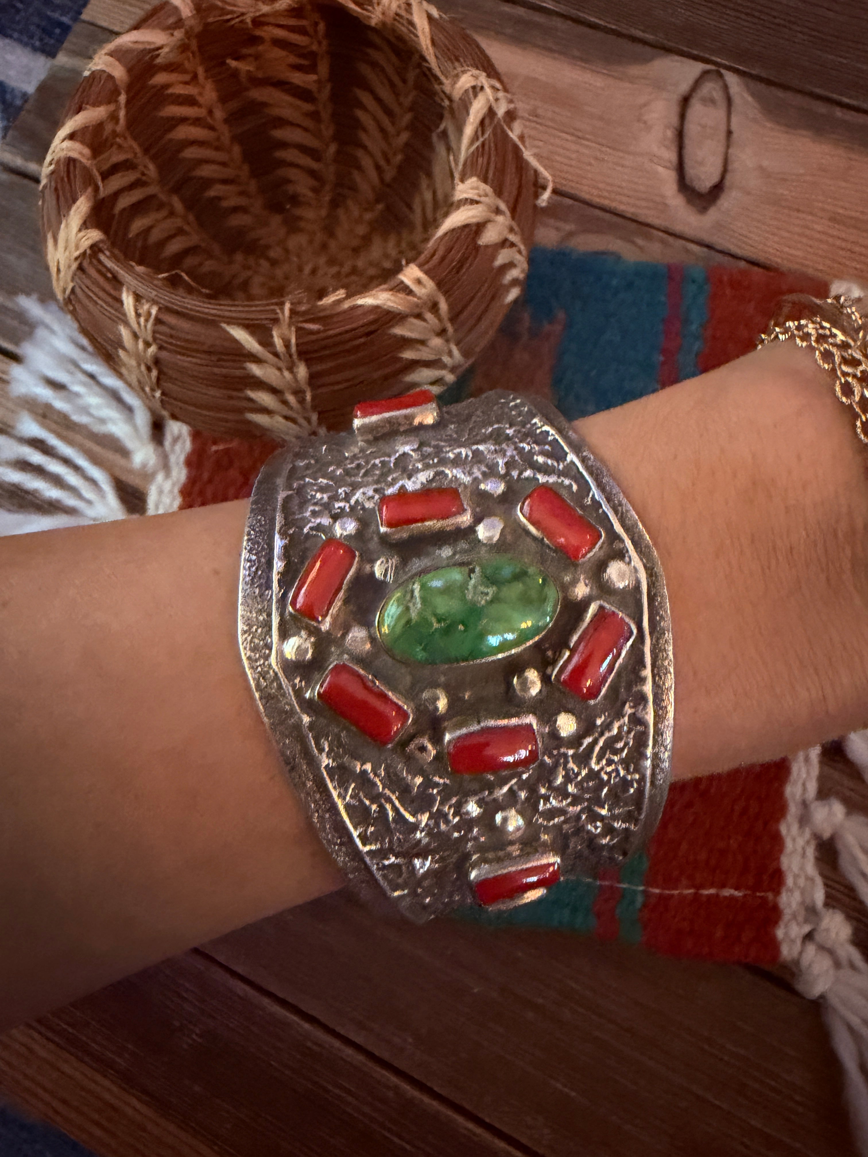 Handcrafted Turquoise, Coral & Sterling Silver Cuff Bracelet