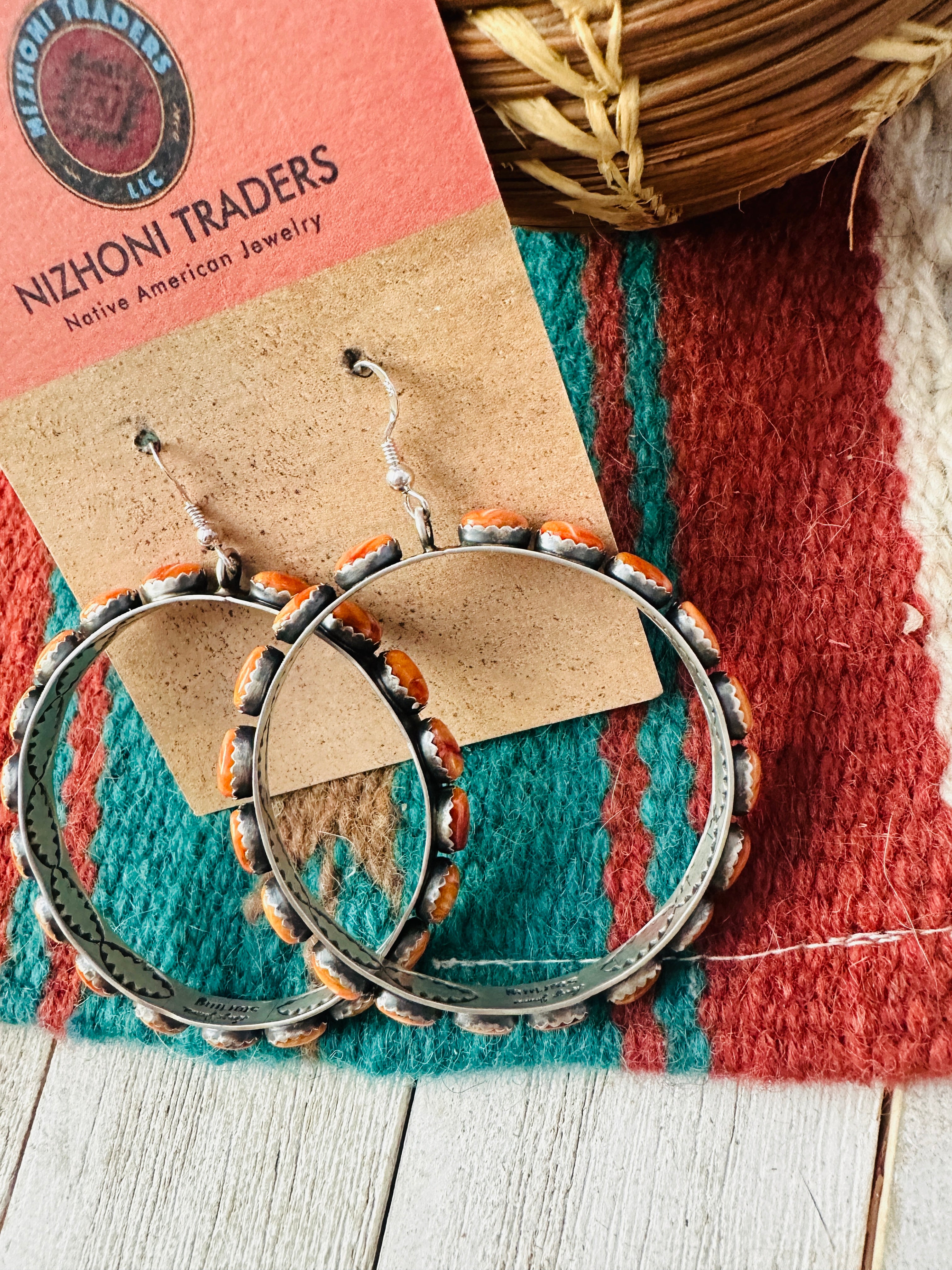 Navajo Orange Spiny & Sterling Silver Dangle Hoop Earrings by Lerry James