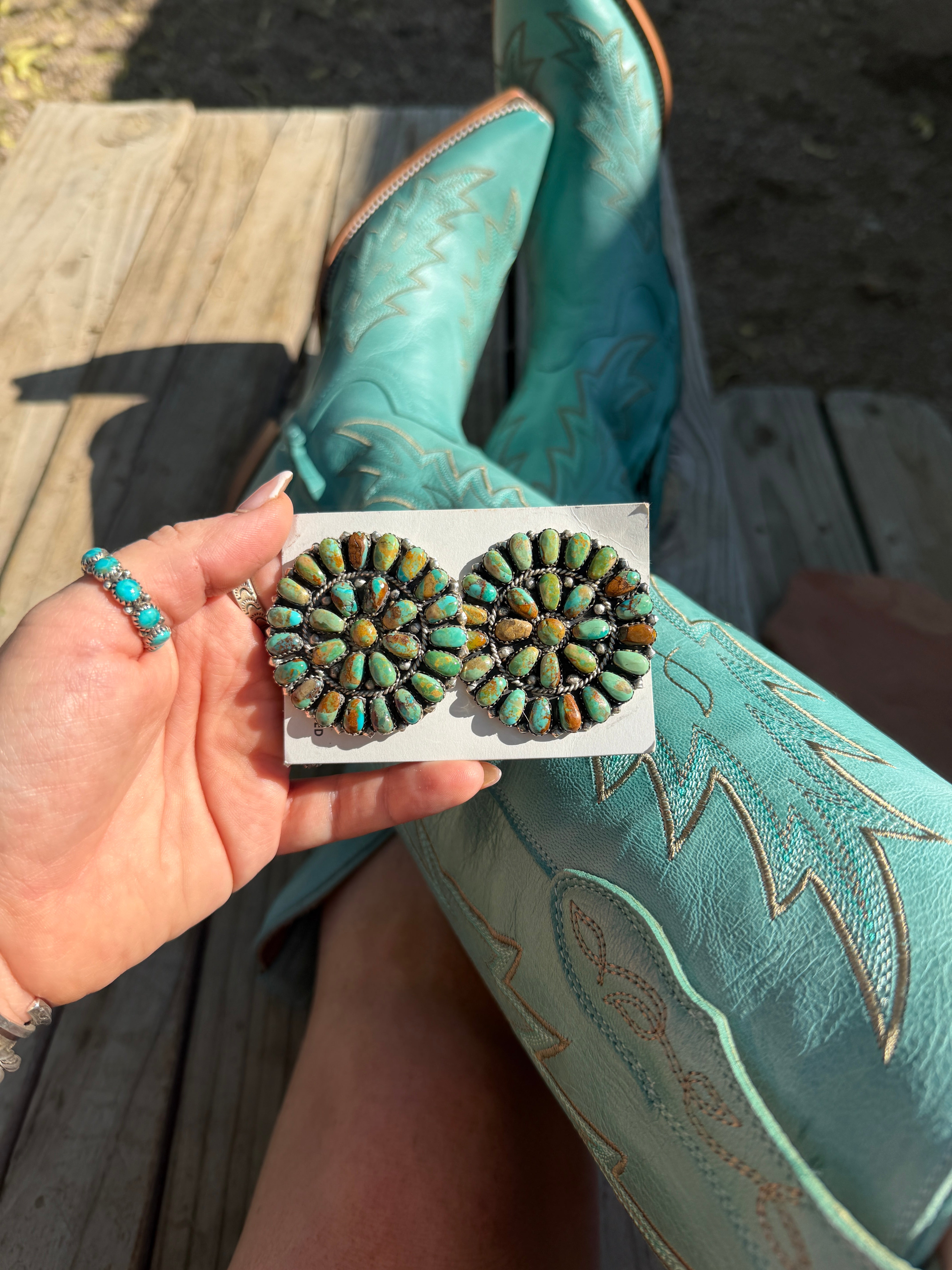 Handcrafted Sterling Silver & Turquoise Cluster Post Earrings MORE GREEN