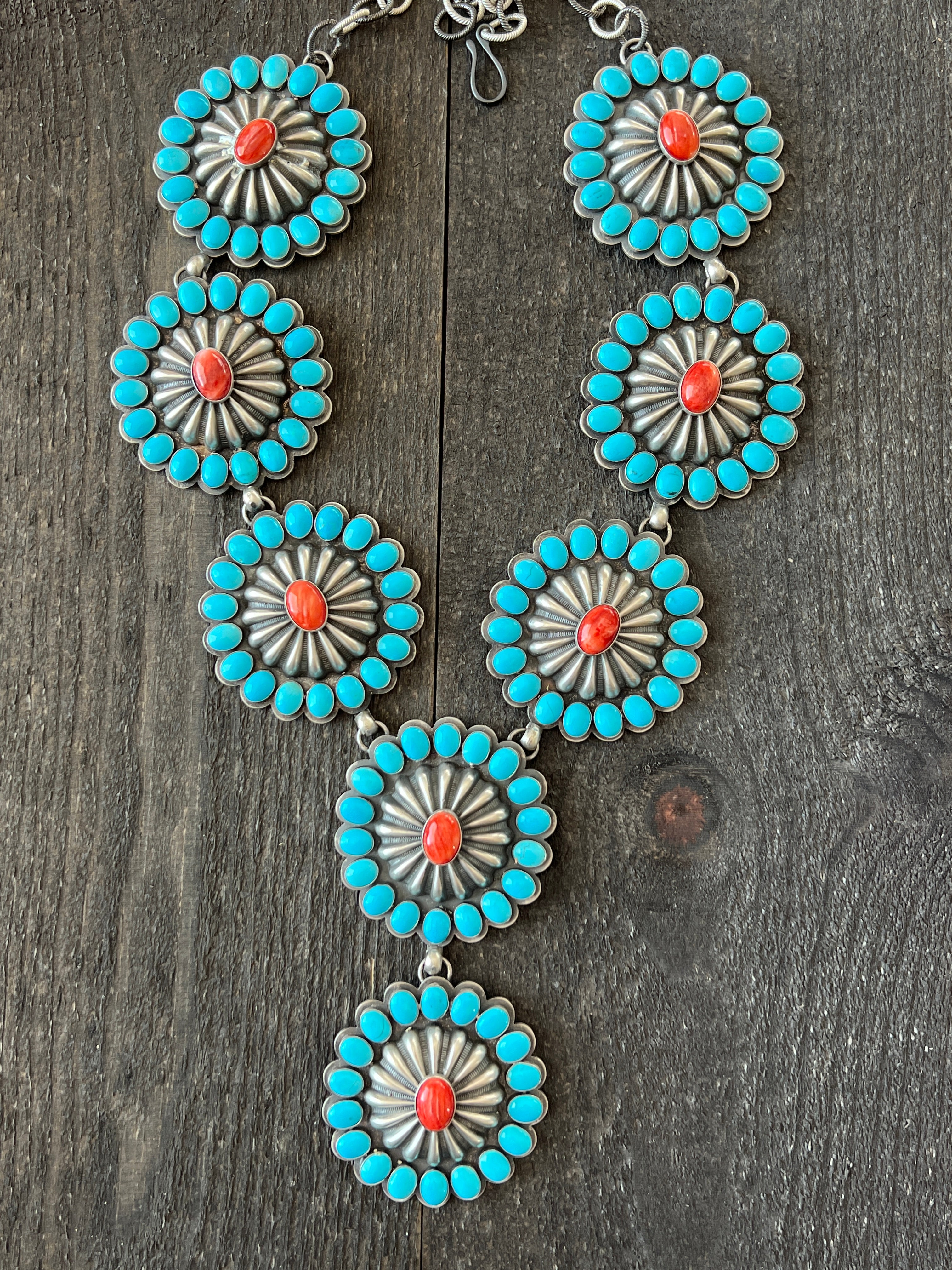 Handcrafted Amazing Spiny Oyster, Kingman Turquoise & Sterling Silver Lariat Necklace by Gilbert Platero