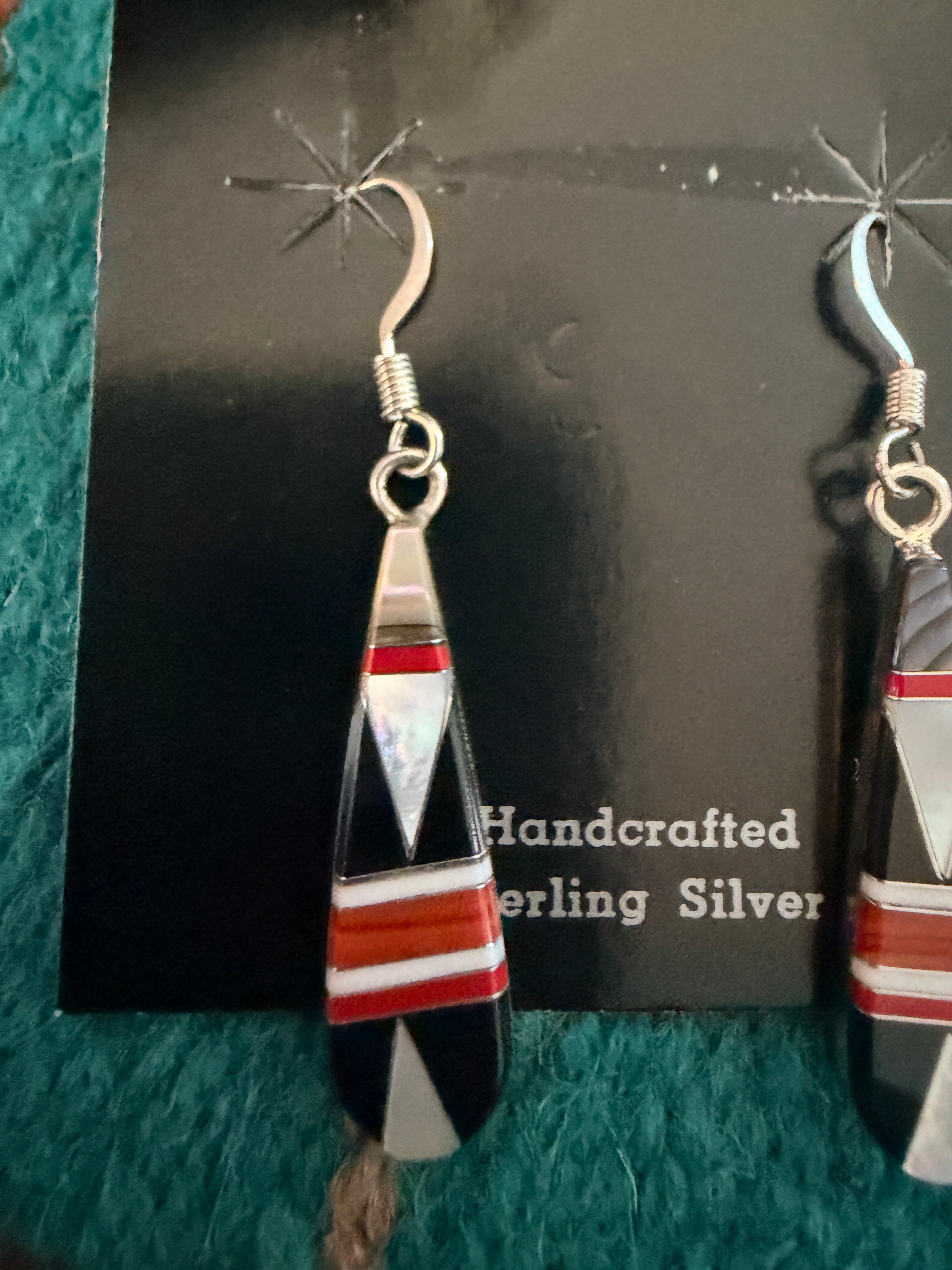 Old Pawn Handcrafted Sterling Silver & Multi Stone Inlay Dangle Earrings
