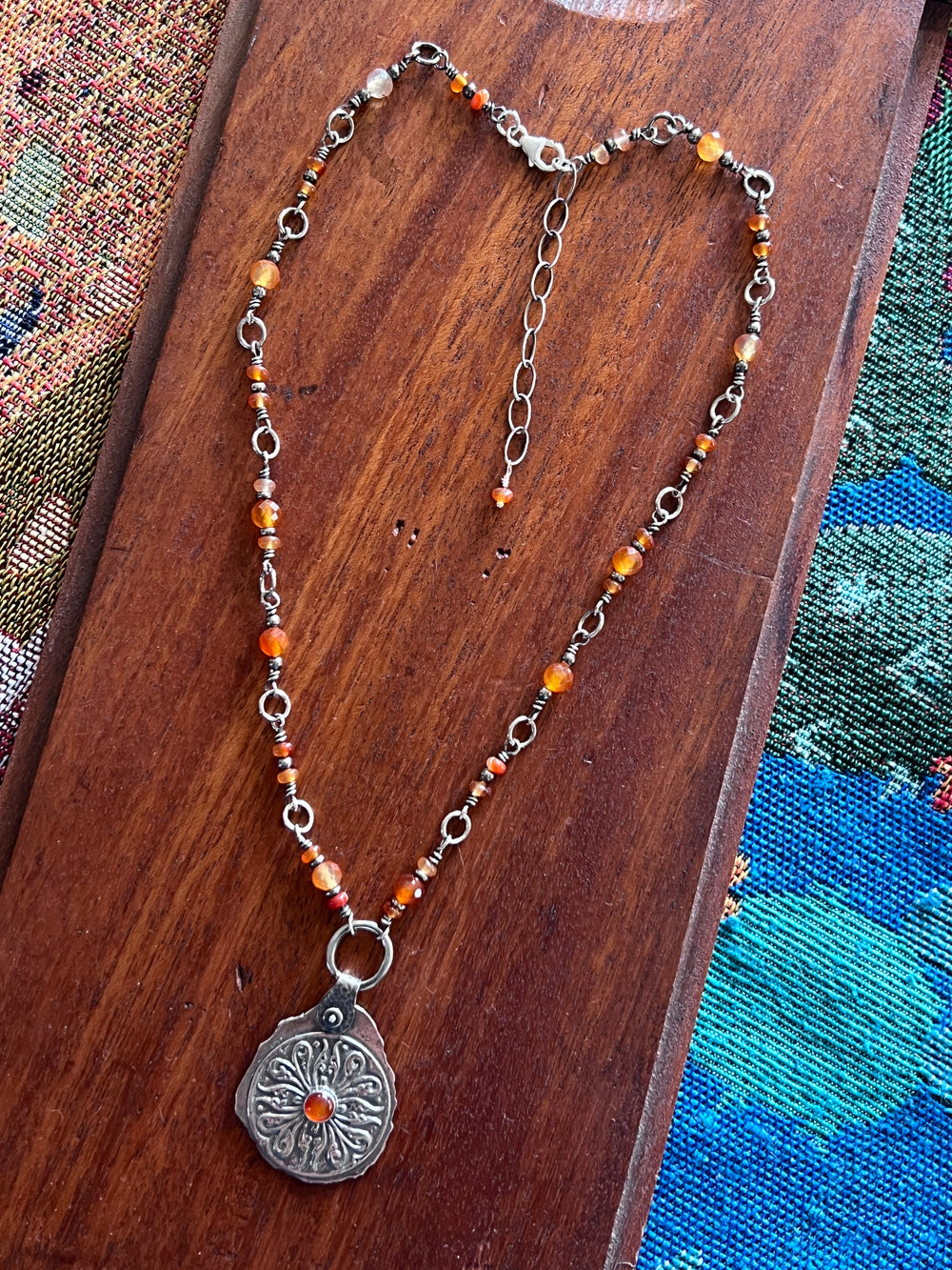 Tularosa Rosary Style Sterling Silver and Carnelian Relic Coin Necklace