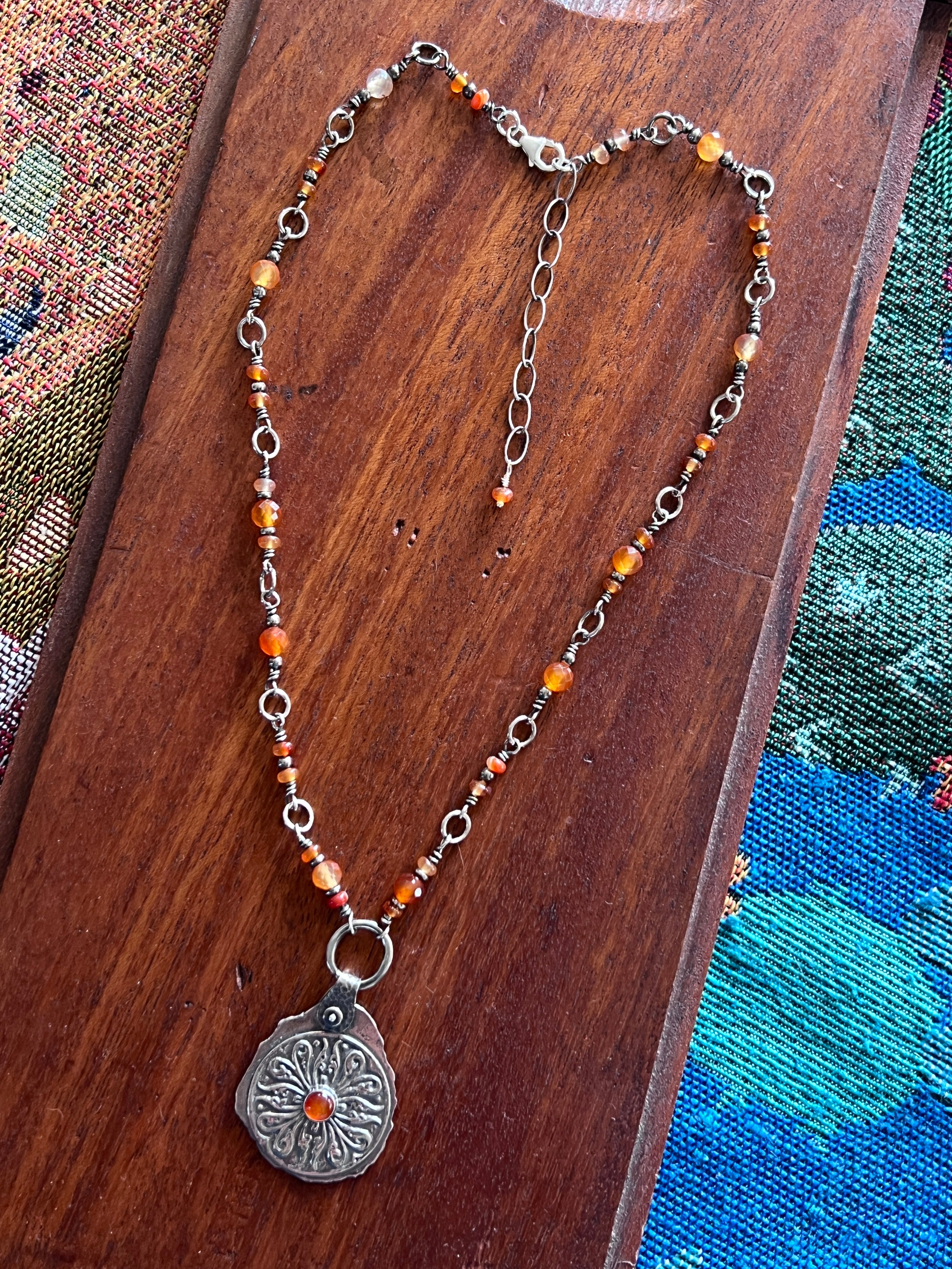 Tularosa Rosary Style Sterling Silver and Carnelian Relic Coin Necklace