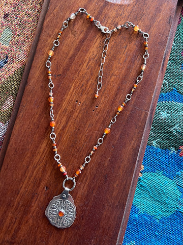 Tularosa Rosary Style Sterling Silver and Carnelian Relic Coin Necklace