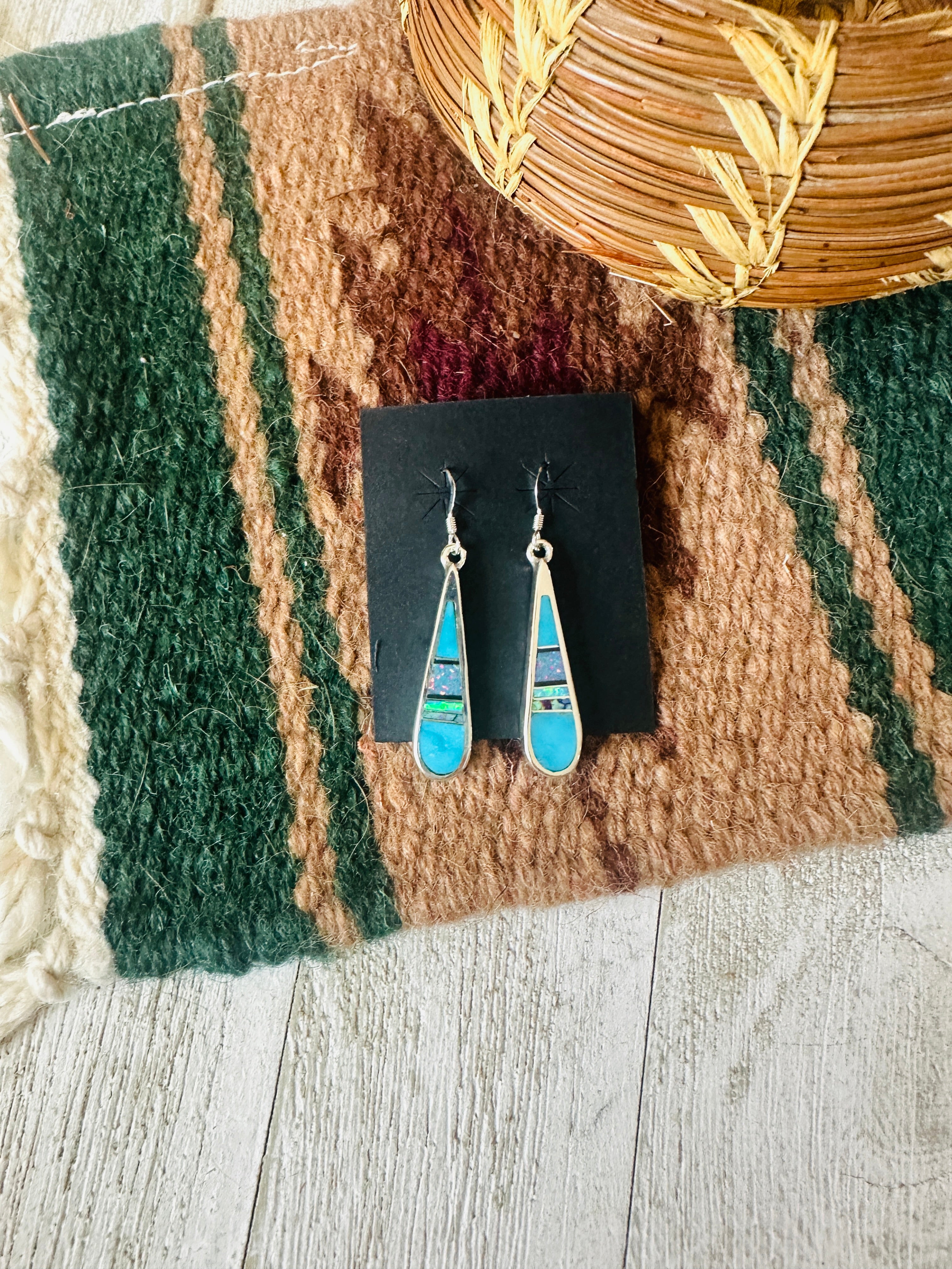 Navajo Sterling Silver & Multi Stone Inlay Dangle Earrings