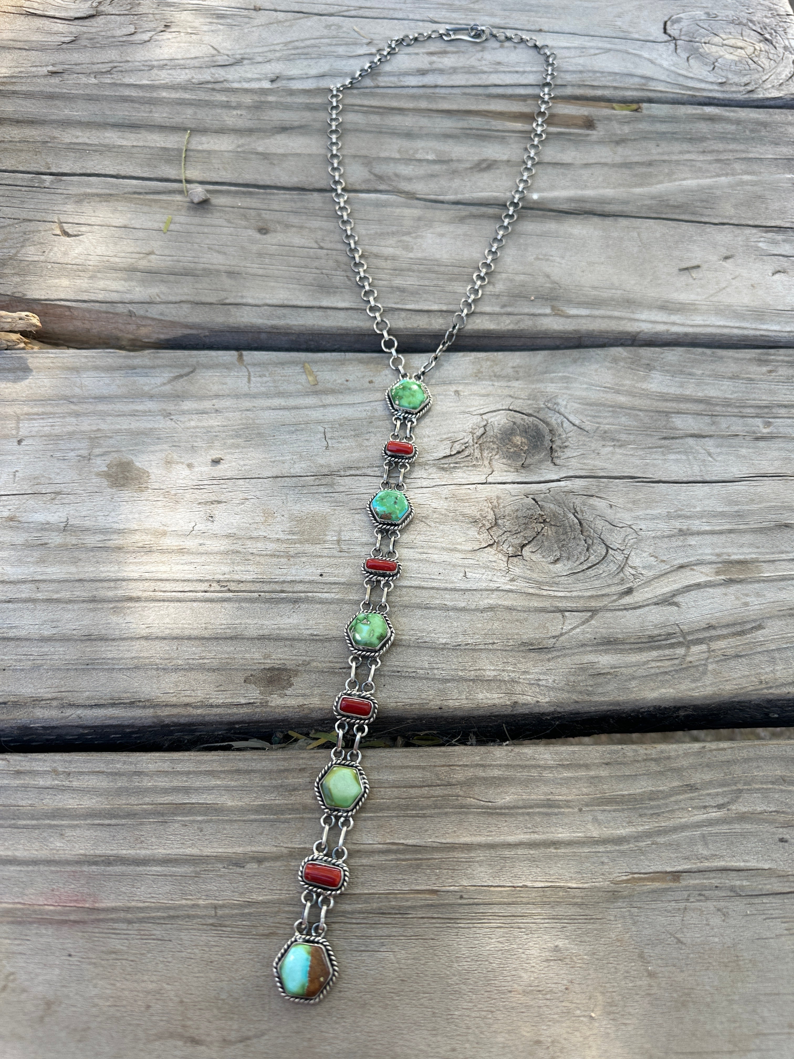 Beautiful Handmade Sterling Silver, Coral & Sonoran Turquoise Drop Necklace