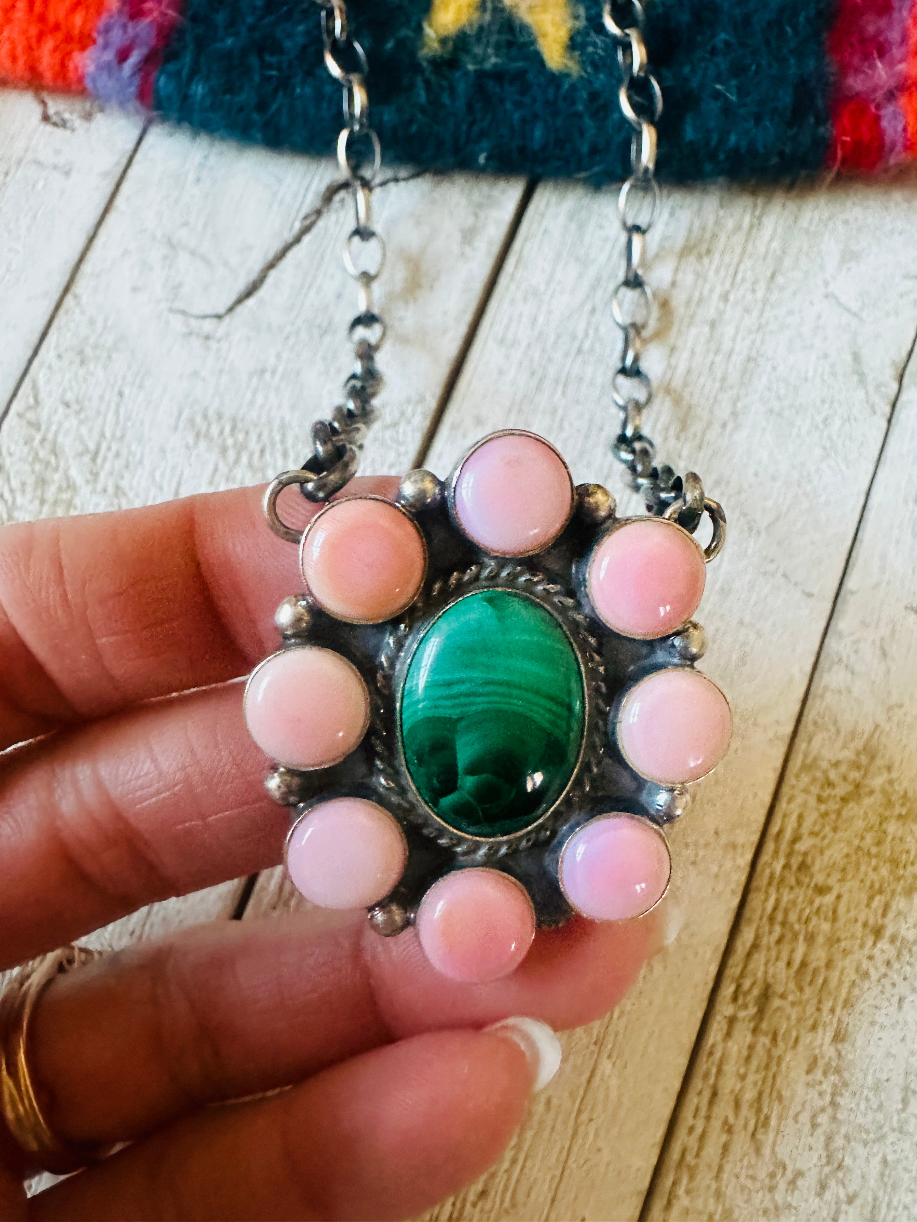 Navajo Sterling Silver, Queen Pink Conch Shell & Malachite Necklace