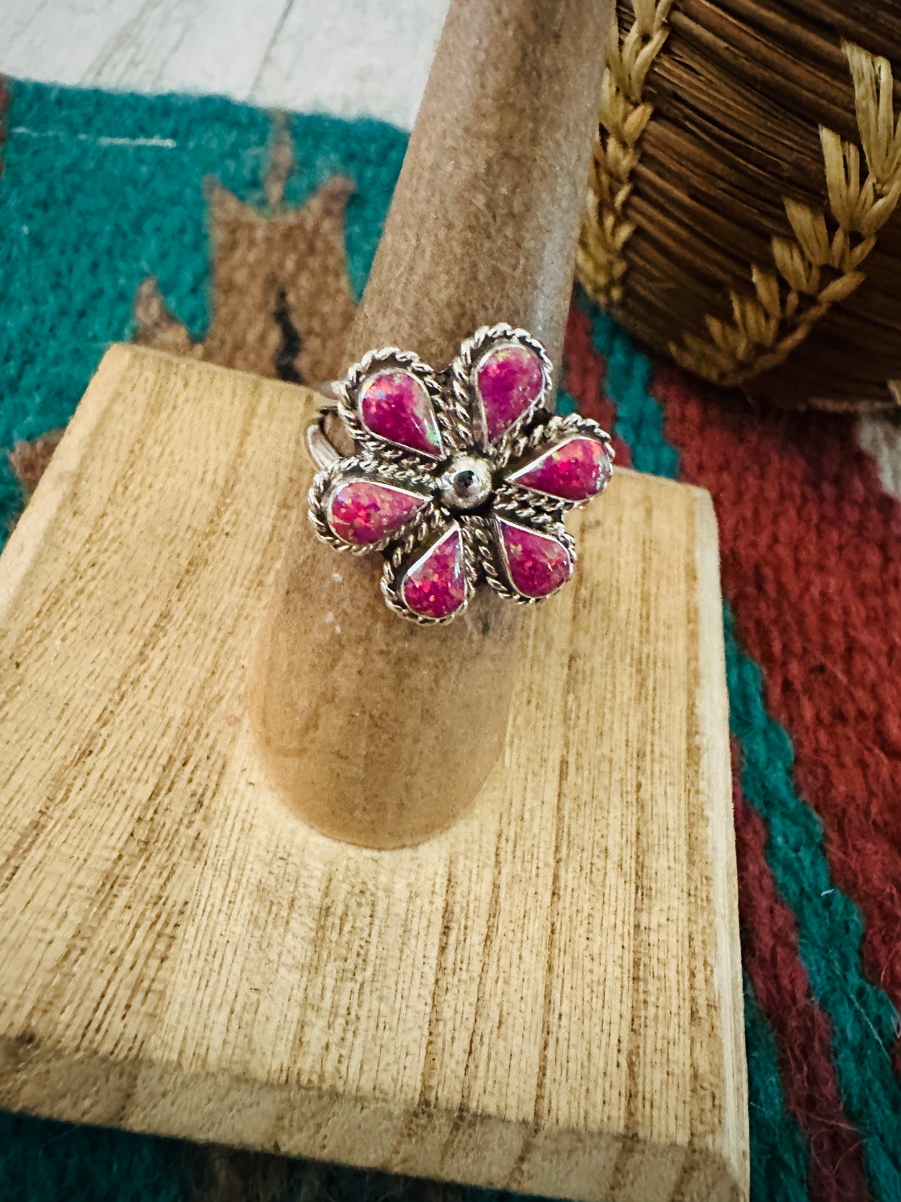 Zuni Sterling Silver & Magenta Opal Flower Ring