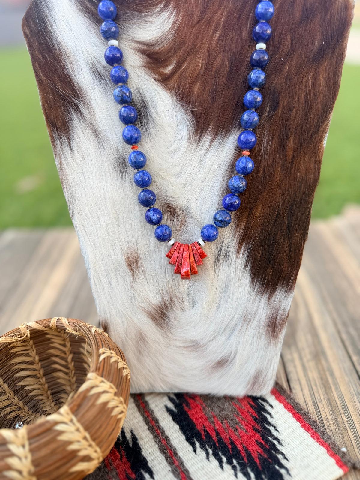 Handcrafted Lapis, Spiny Oyster Shell & Sterling Silver 18” Beaded Necklace