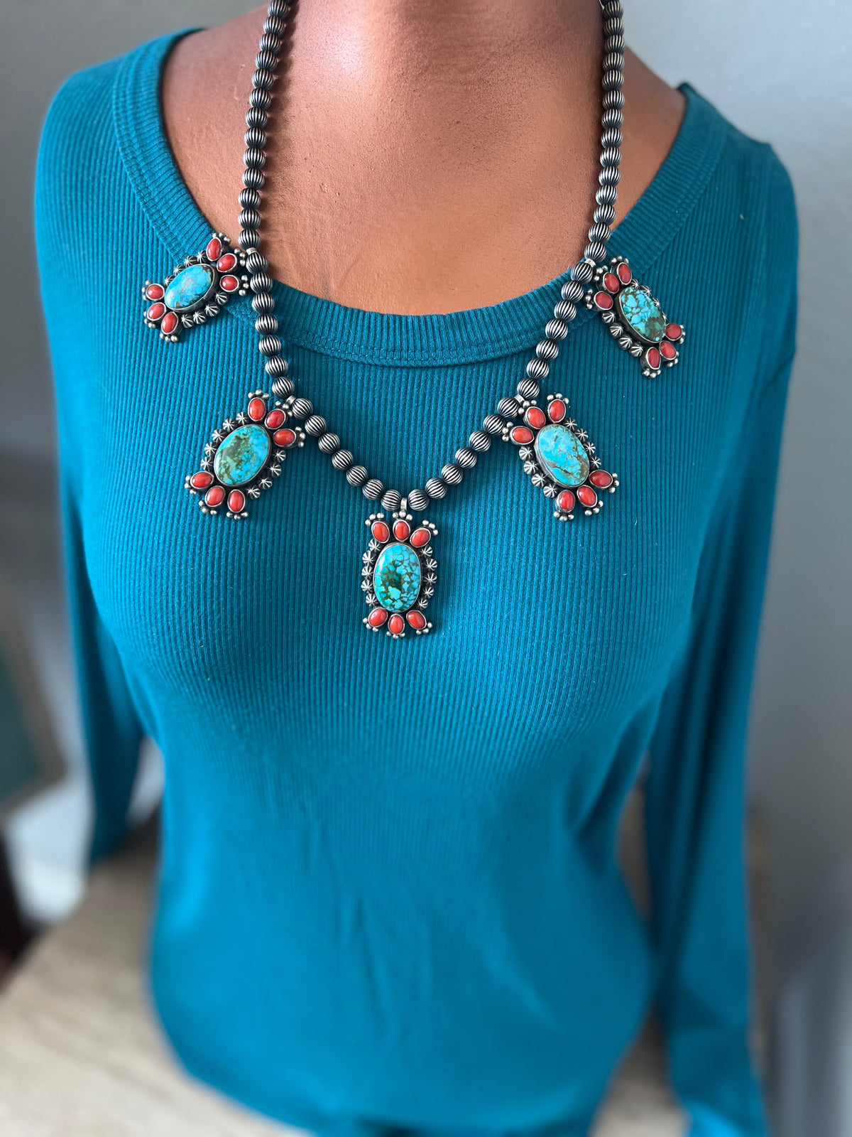 Taos Collection: Handcrafted Sterling Silver, Kingman Turquoise & Mediterranean Red Coral Necklace by Mark Yazzie