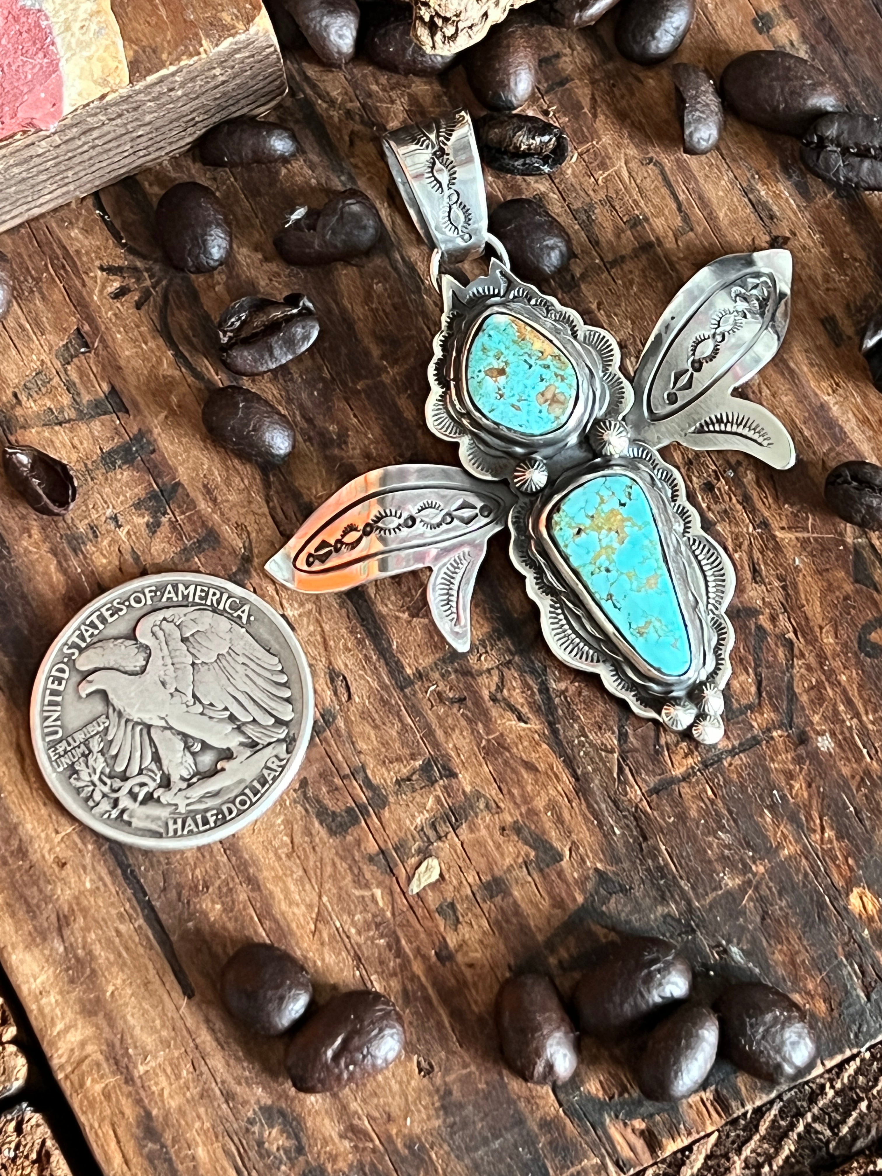 Sterling Silver and Turquoise Winged Bug Pendant by Kimari Somers