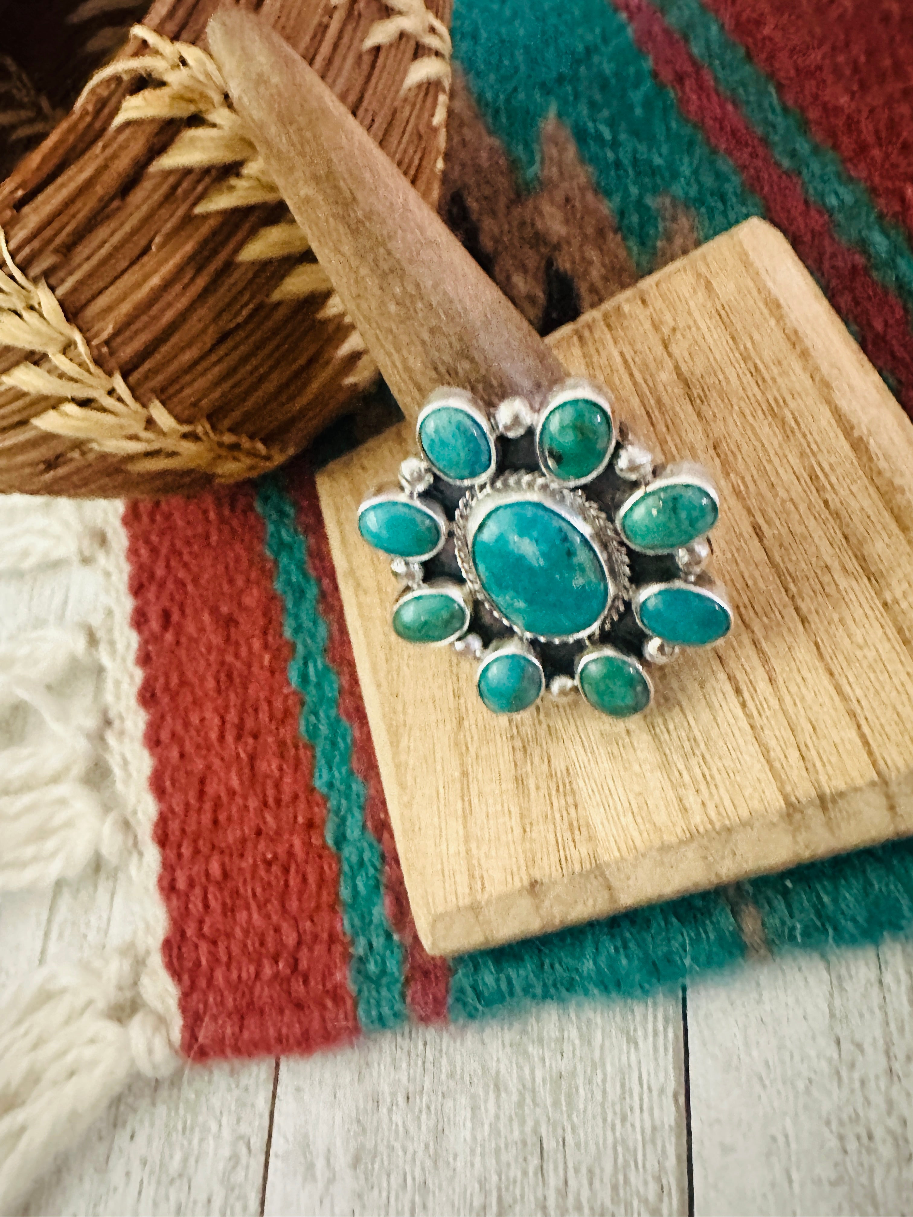 Navajo Sterling Silver & Turquoise Cluster Adjustable Ring