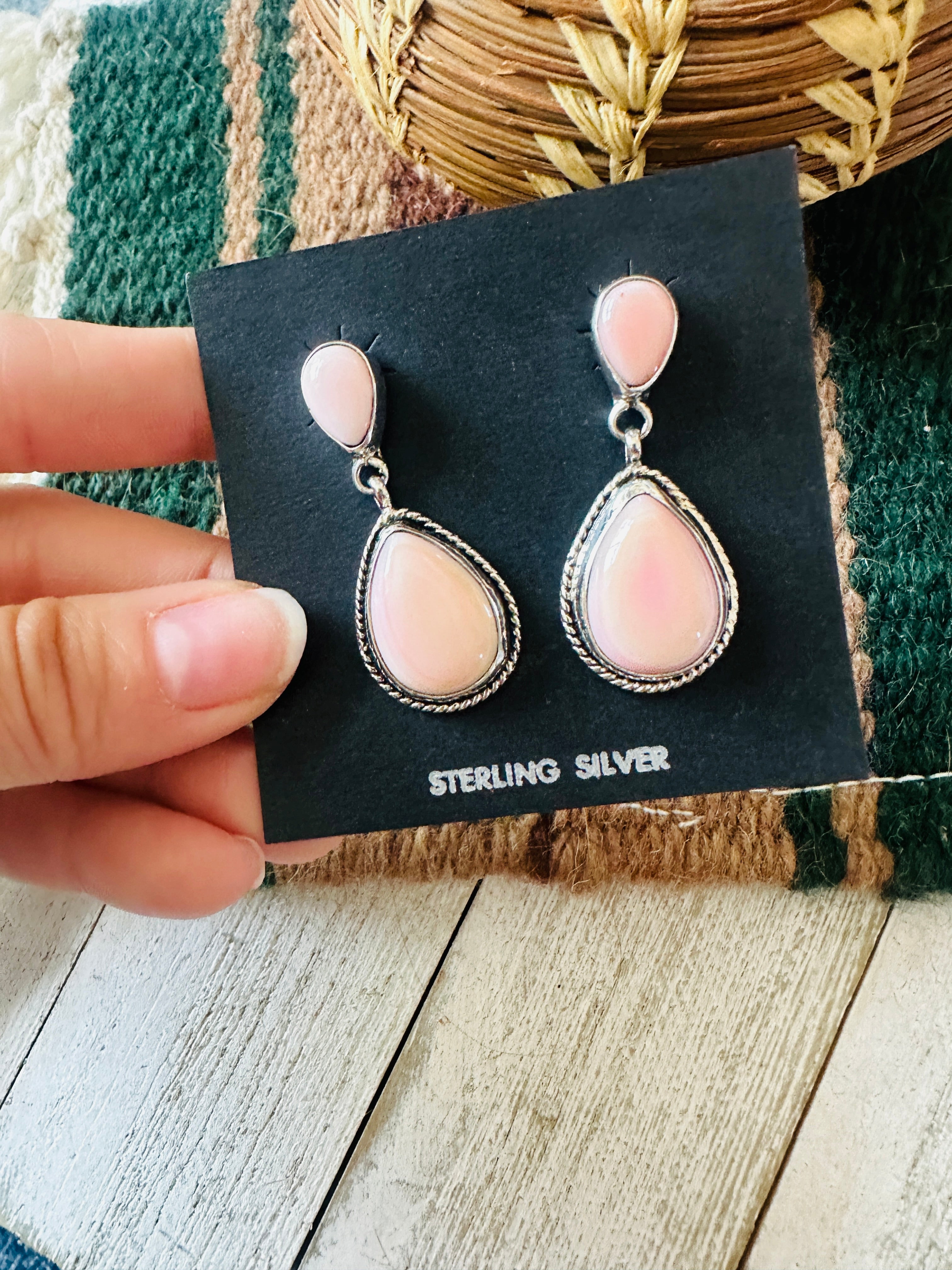 Navajo Sterling Silver & Queen Pink Conch Dangle Earrings