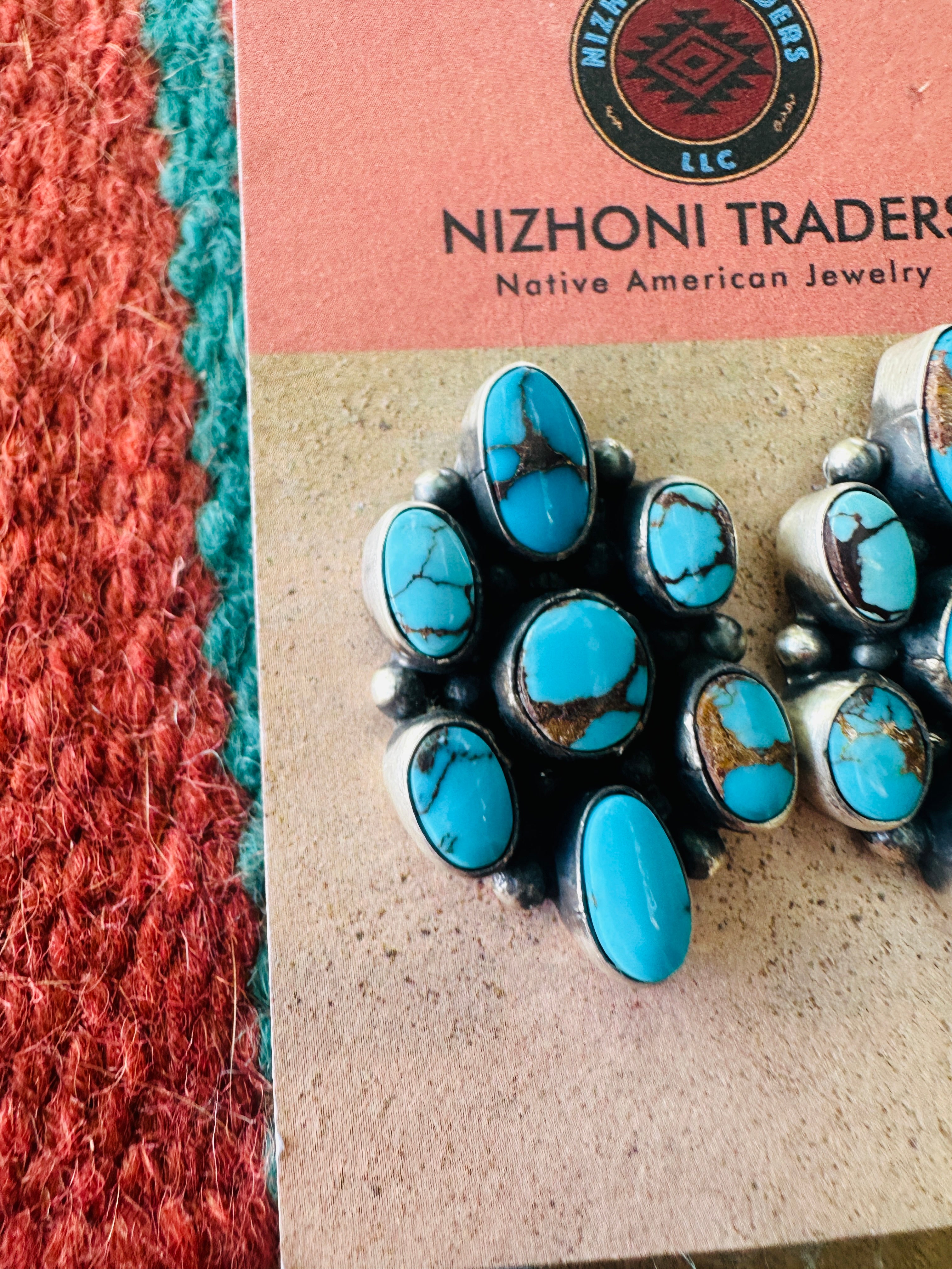 Handcrafted Sterling Silver & Kingman Web Turquoise Cluster Post Earrings