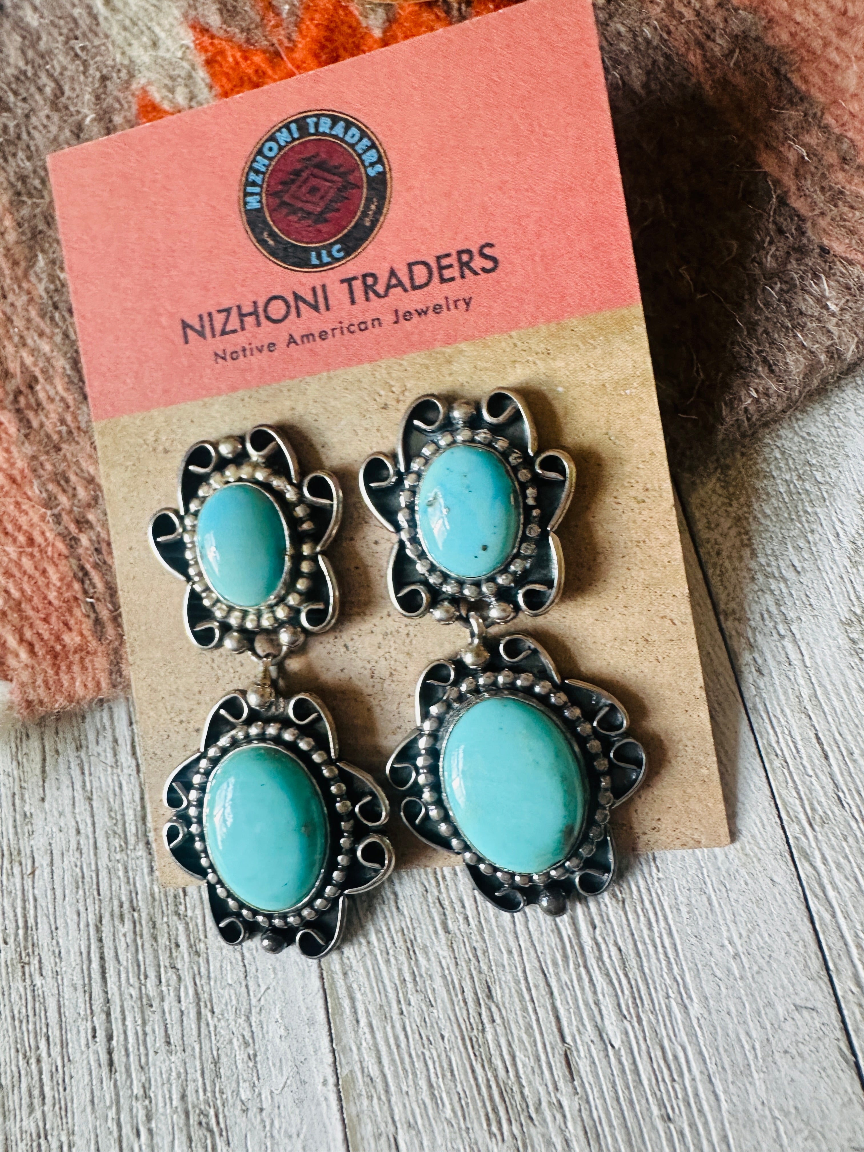 Navajo Kingman Turquoise And Sterling Silver Dangle Earrings