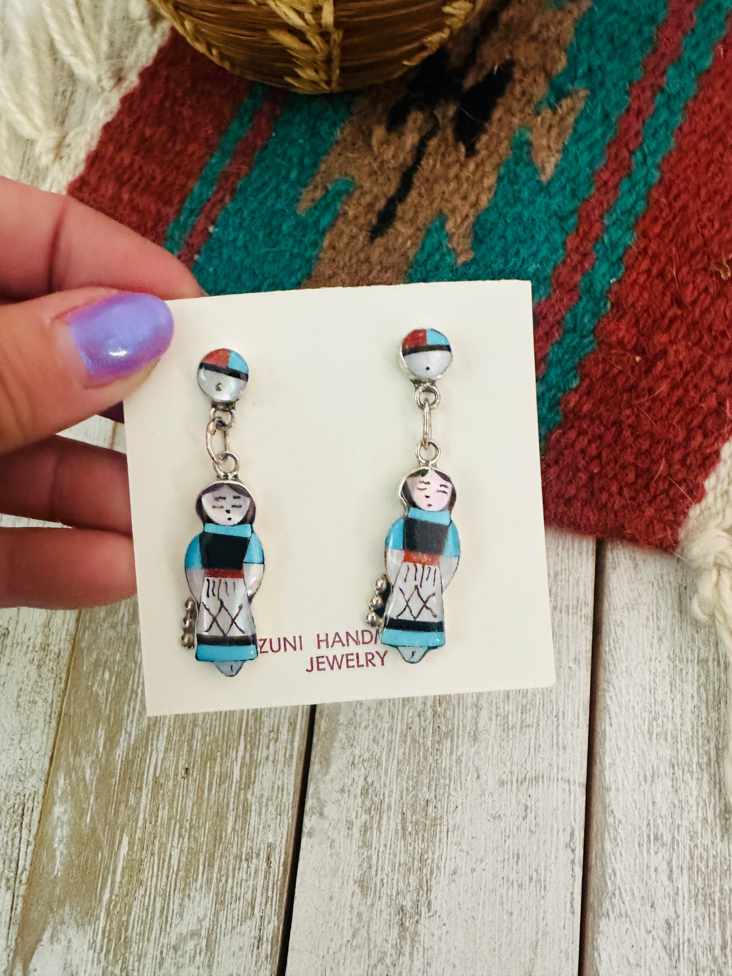 Zuni Multi Stone & Sterling Silver Inlay Maiden Girl Dangle Earrings