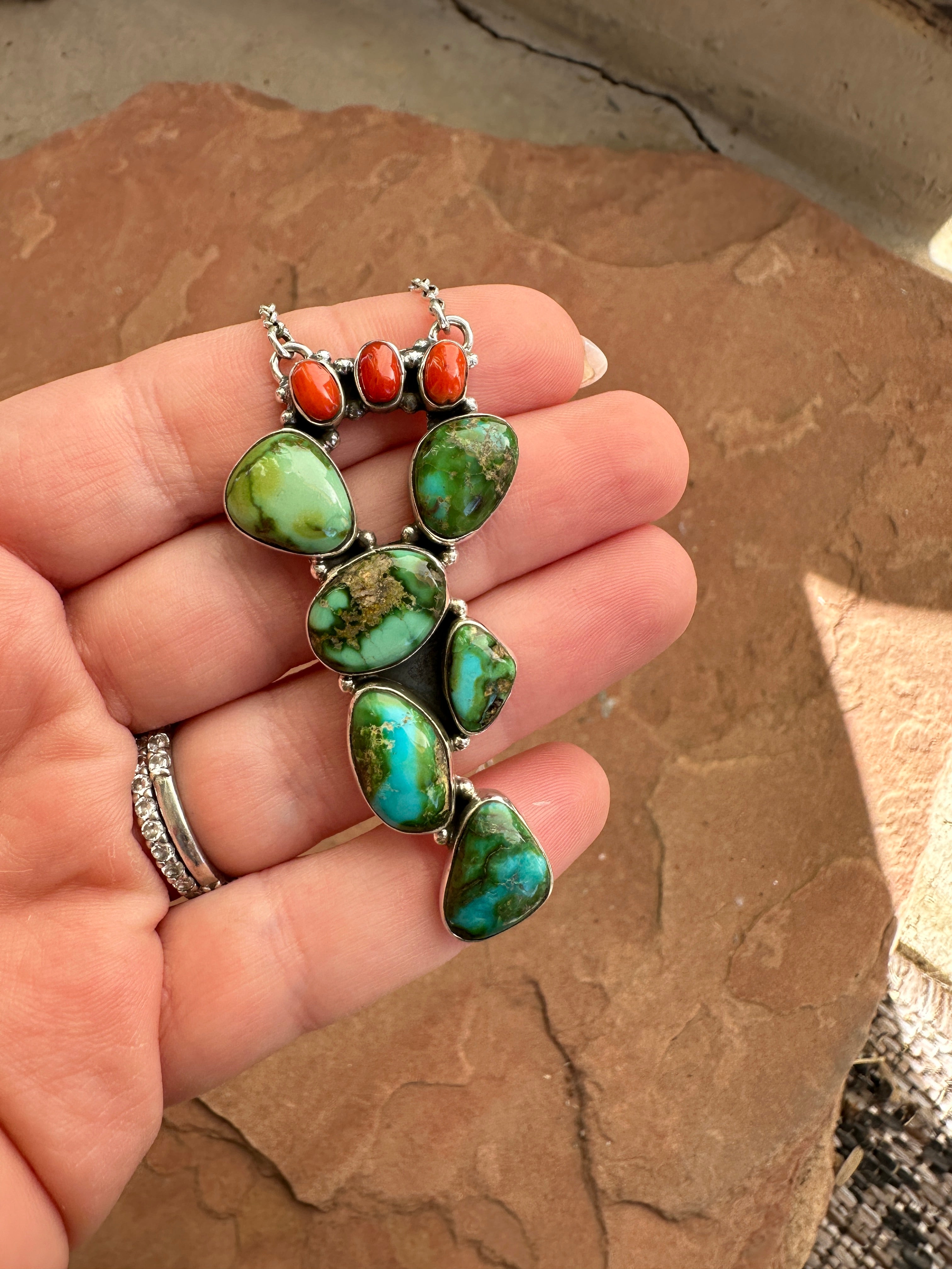 Handmade Sterling Silver, Coral & Sonoran Turquoise Cactus Necklace