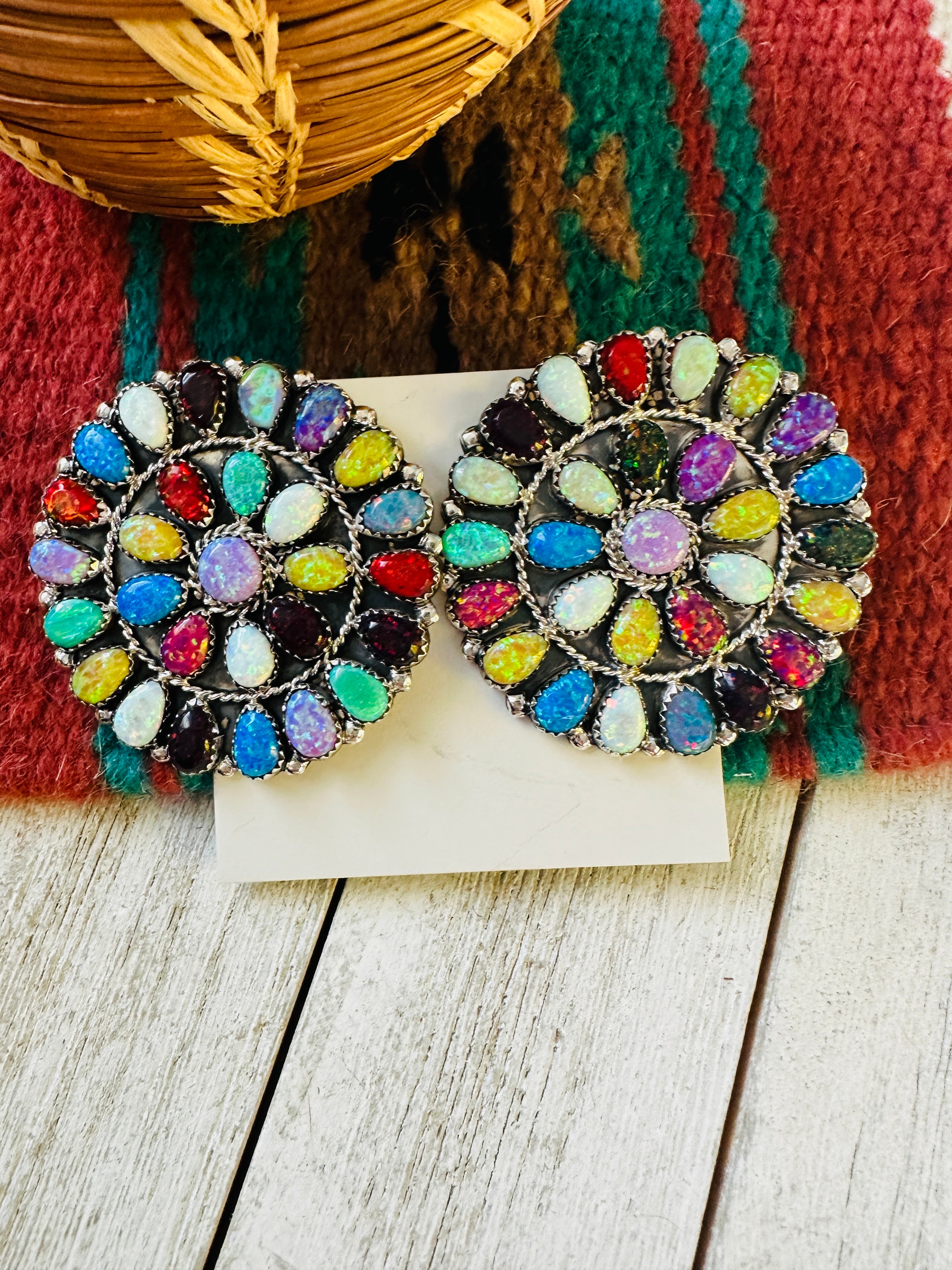 Navajo Multicolor Opal And Sterling Silver Cluster Post Earrings