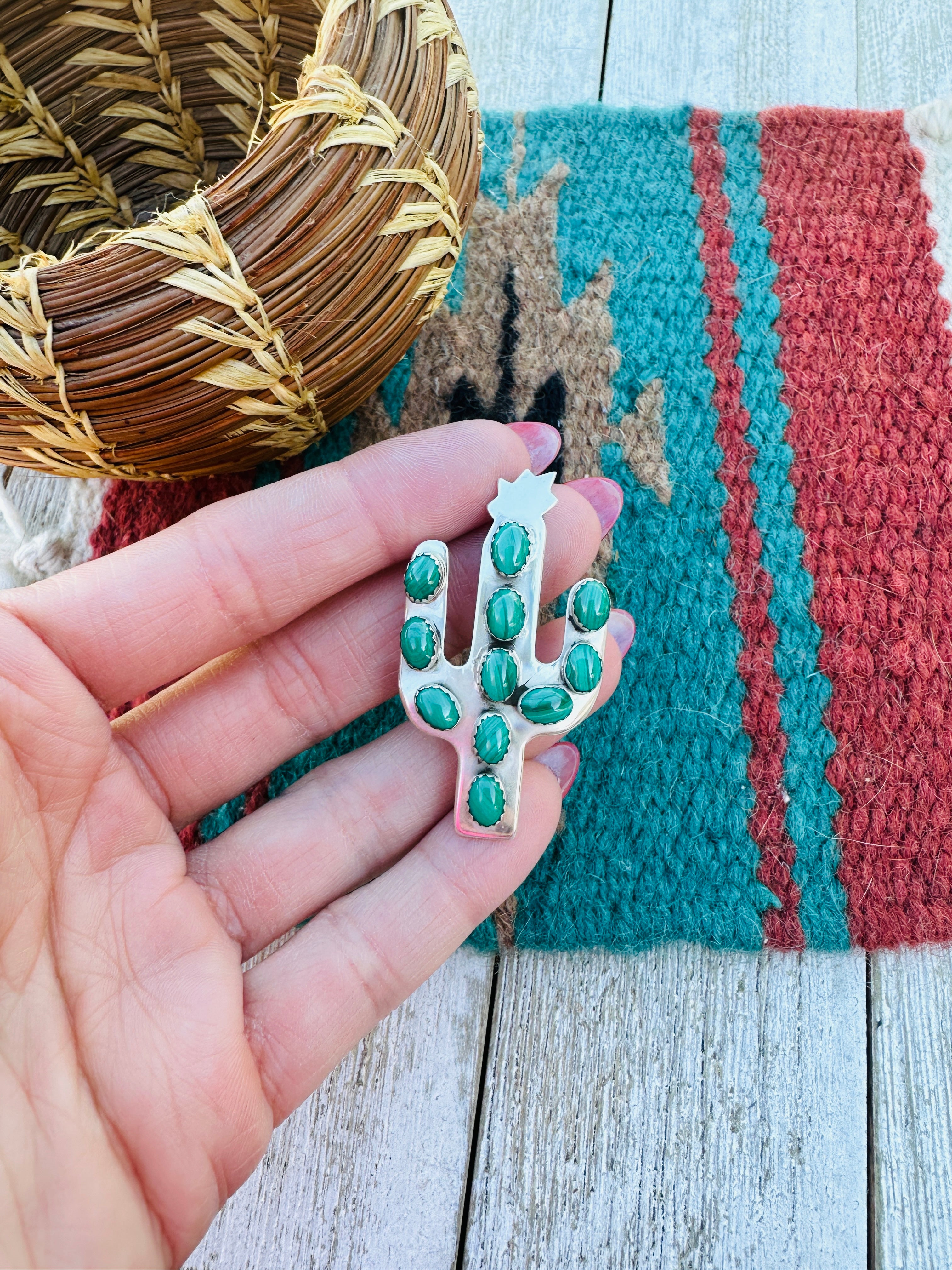 Handcrafted Sterling Silver & Malachite Cactus Brooch by Ella Peter